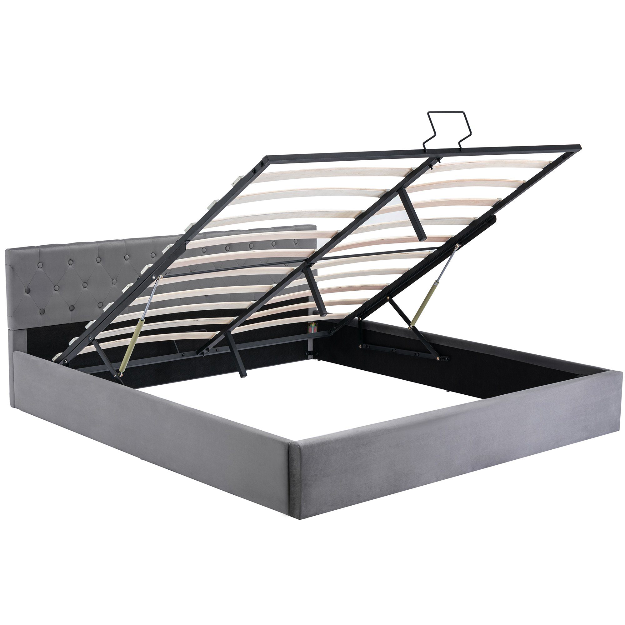 Ulife Polsterbett Grau Stauraumbett Samt-Stoff Funktionsbett Doppelbett mit Bettkasten, mit Bettkasten Samt-Stoff, 180 × 200cm