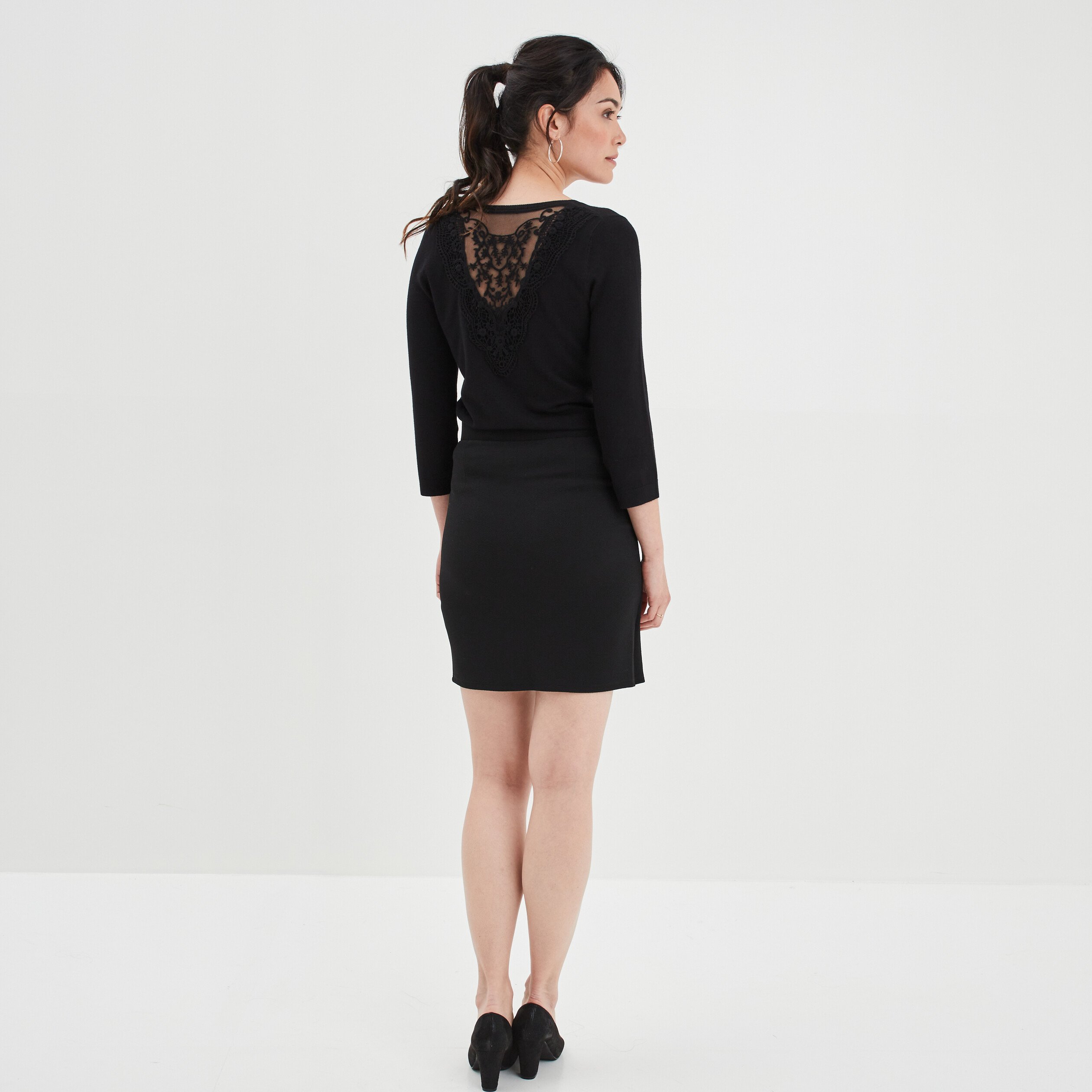 Pull dos dentelle manches 3 4 Mosquitos noir femme | La Halle
