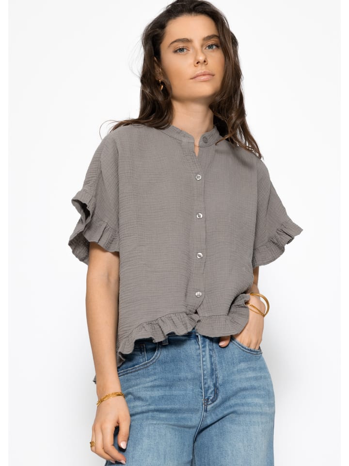 SASSYCLASSY Musselin Bluse mit Rüschensaum in Taupe günstig kaufen