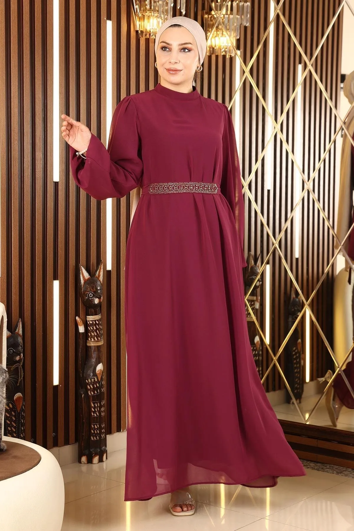 Modamihram  Chiffon-Abendkleid mit Gürteldetail Pflaume 13304
