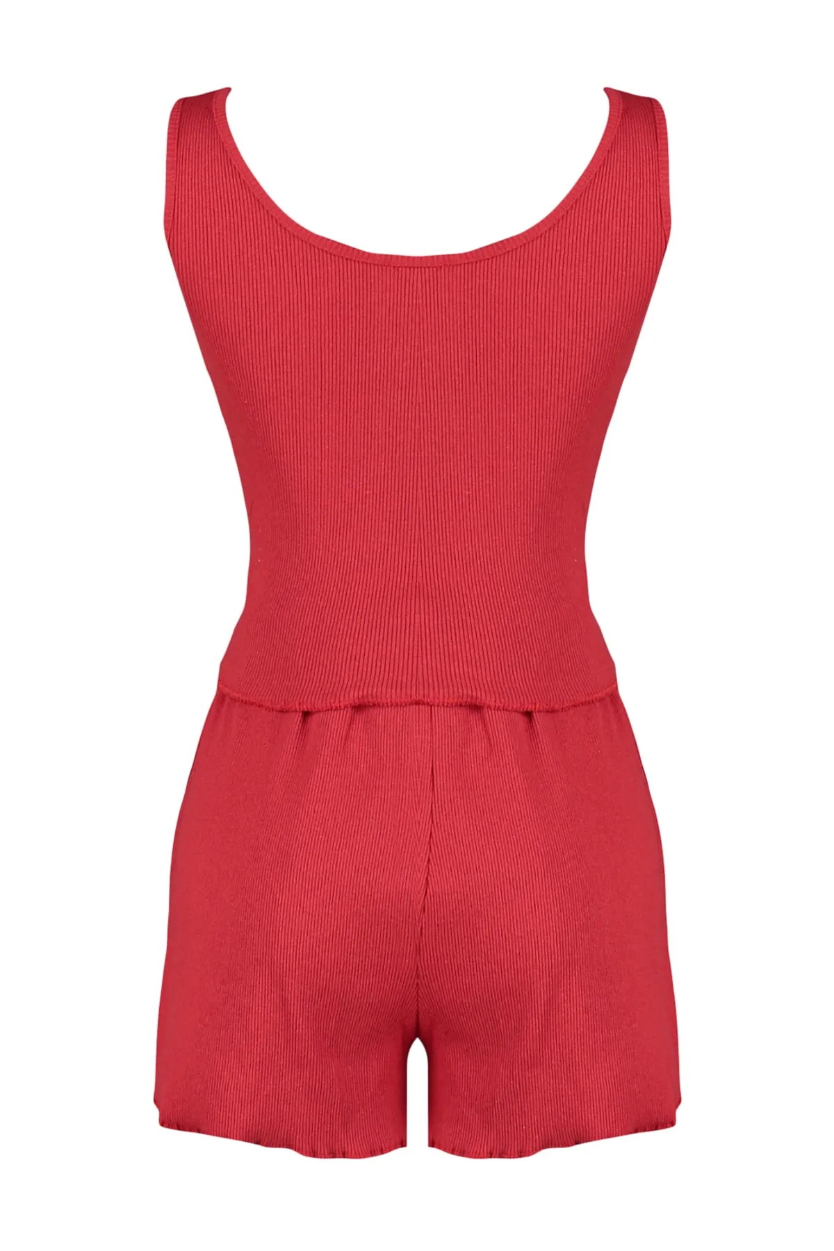 Trendyol Collection  Strick-Pyjama-Set mit Unterhemd und Shorts aus gerippter Baumwolle mit roten Knöpfen und detaillierten Details THMSS23PT00179