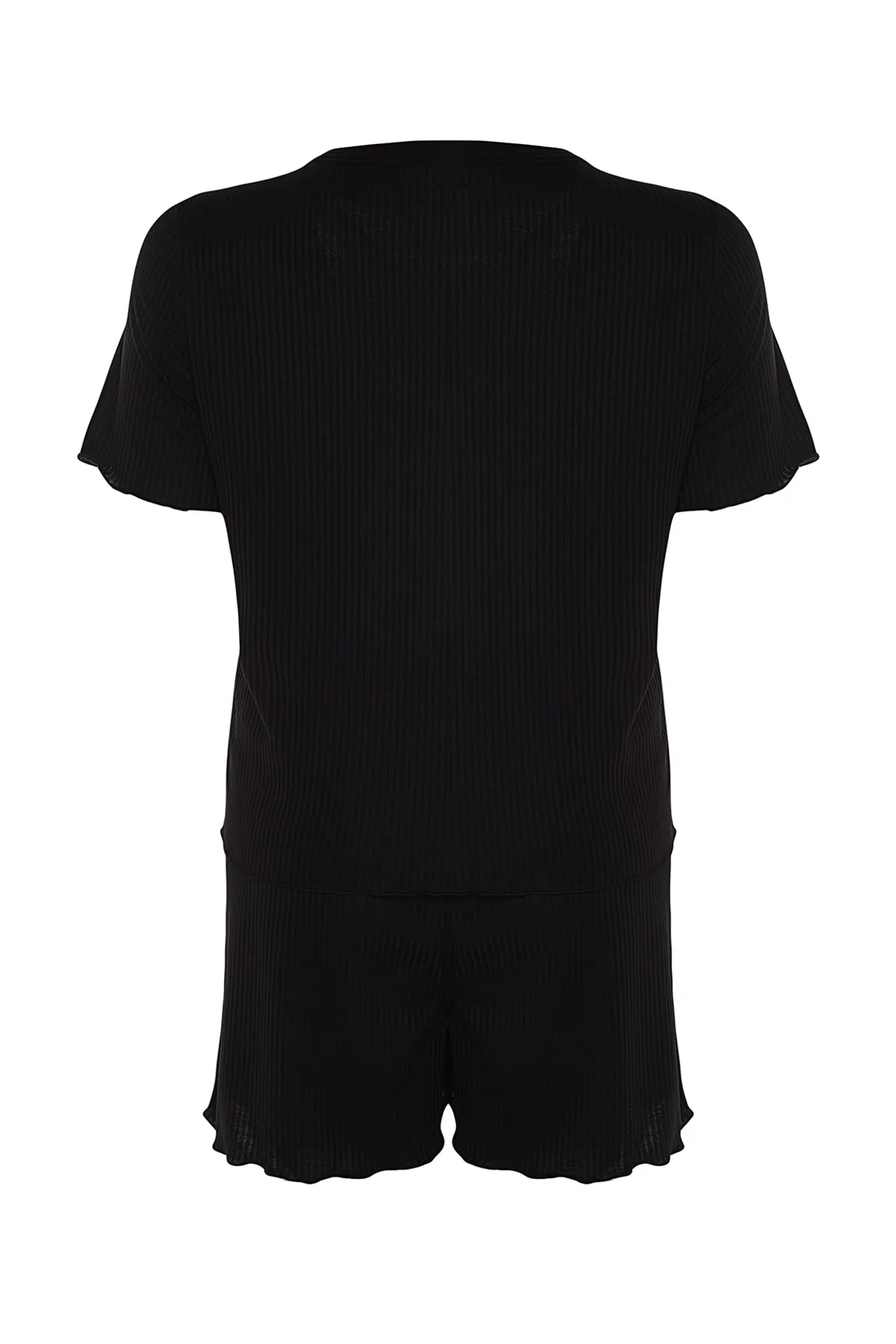 Trendyol Curve  Schwarzes Pyjama-Set aus Strick mit V-Ausschnitt und Knöpfen TBBSS22PT0215