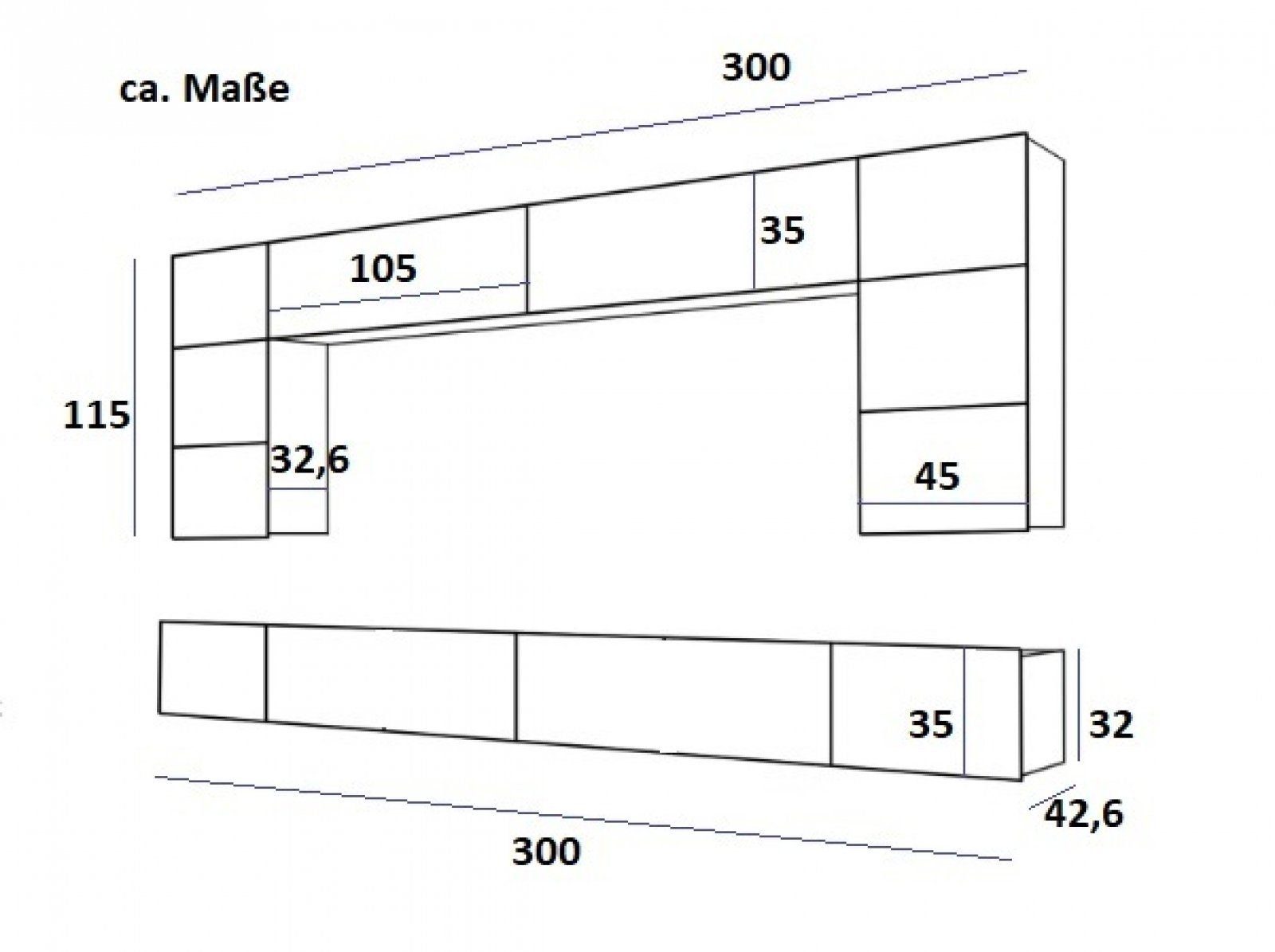 kaufexpert Wohnwand BESTSELLER Wohnwand Flow MDF Grau Hochglanz/Sonoma Matt 300 cm LED