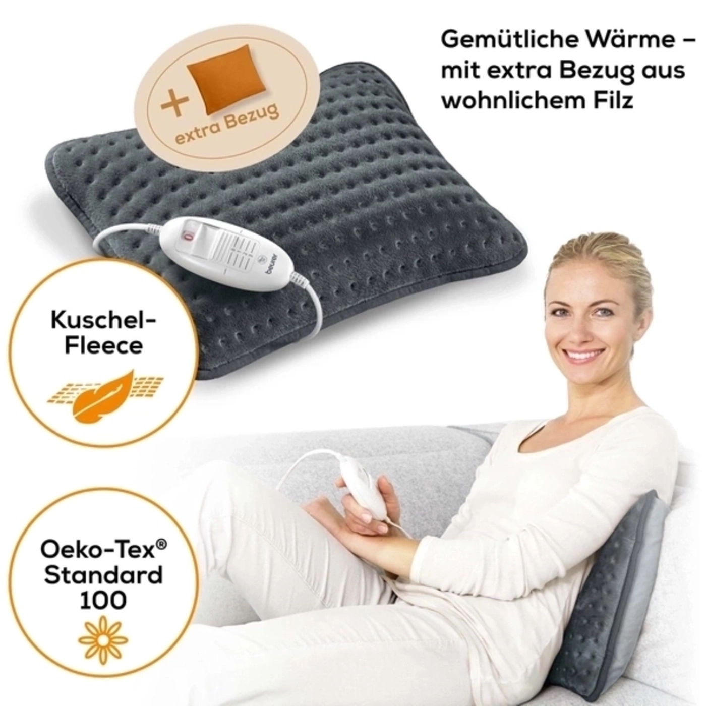 Sofa-Heizkissen - HK 48 Cosy & extra Bezug Grau-Gemütliches Sofakissen mit Heizfunktion mit wohnlichem Überzug in Grau