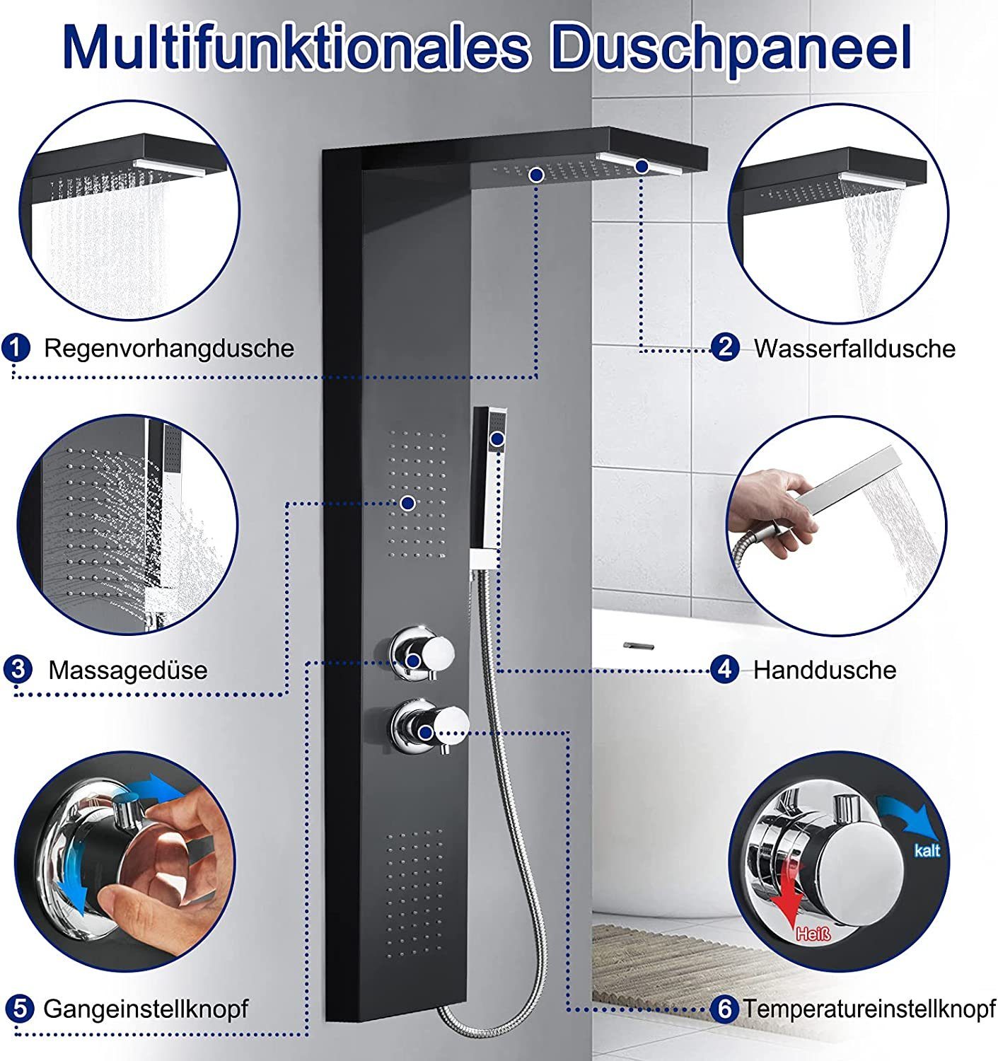 AUFUN Duschsystem Duschpaneel Edelstahl Duschsystem, mit Duschsäule