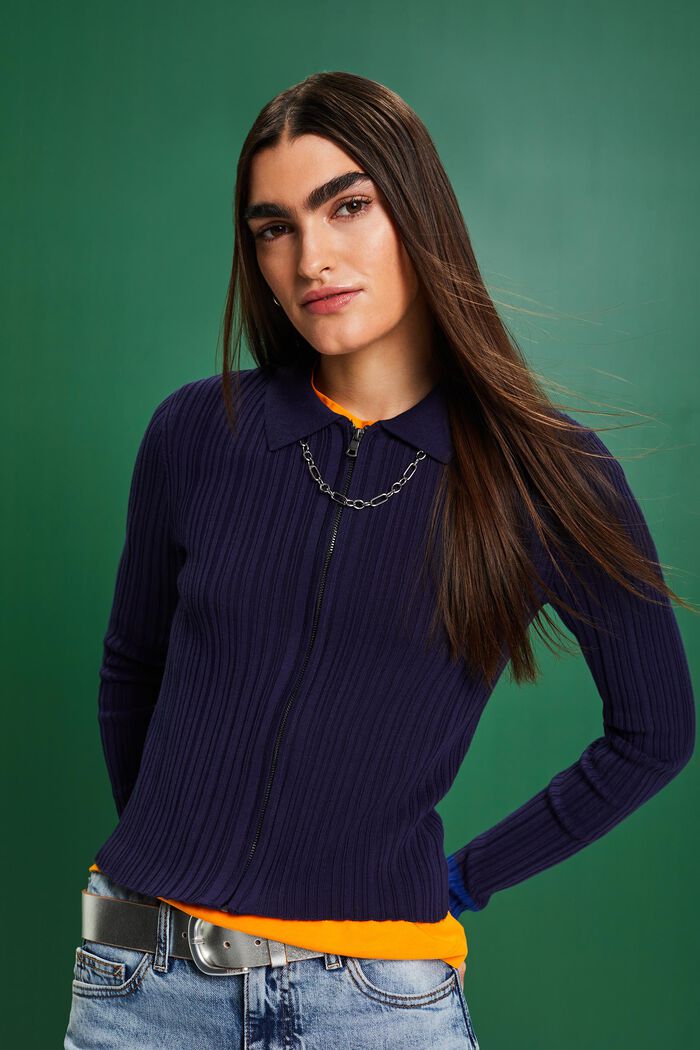 Nahtloser Rippstrick-Cardigan mit Polokragen