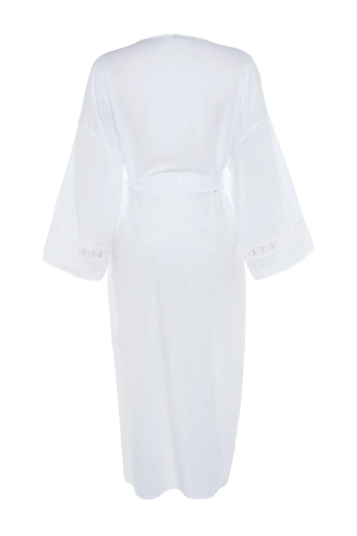 Trendyol Collection  Ecrufarbener, gewebter Midi-Kimono und Kaftan aus 100 % Baumwolle mit Gürtel und gestreiften Accessoires TBESS21KM0008