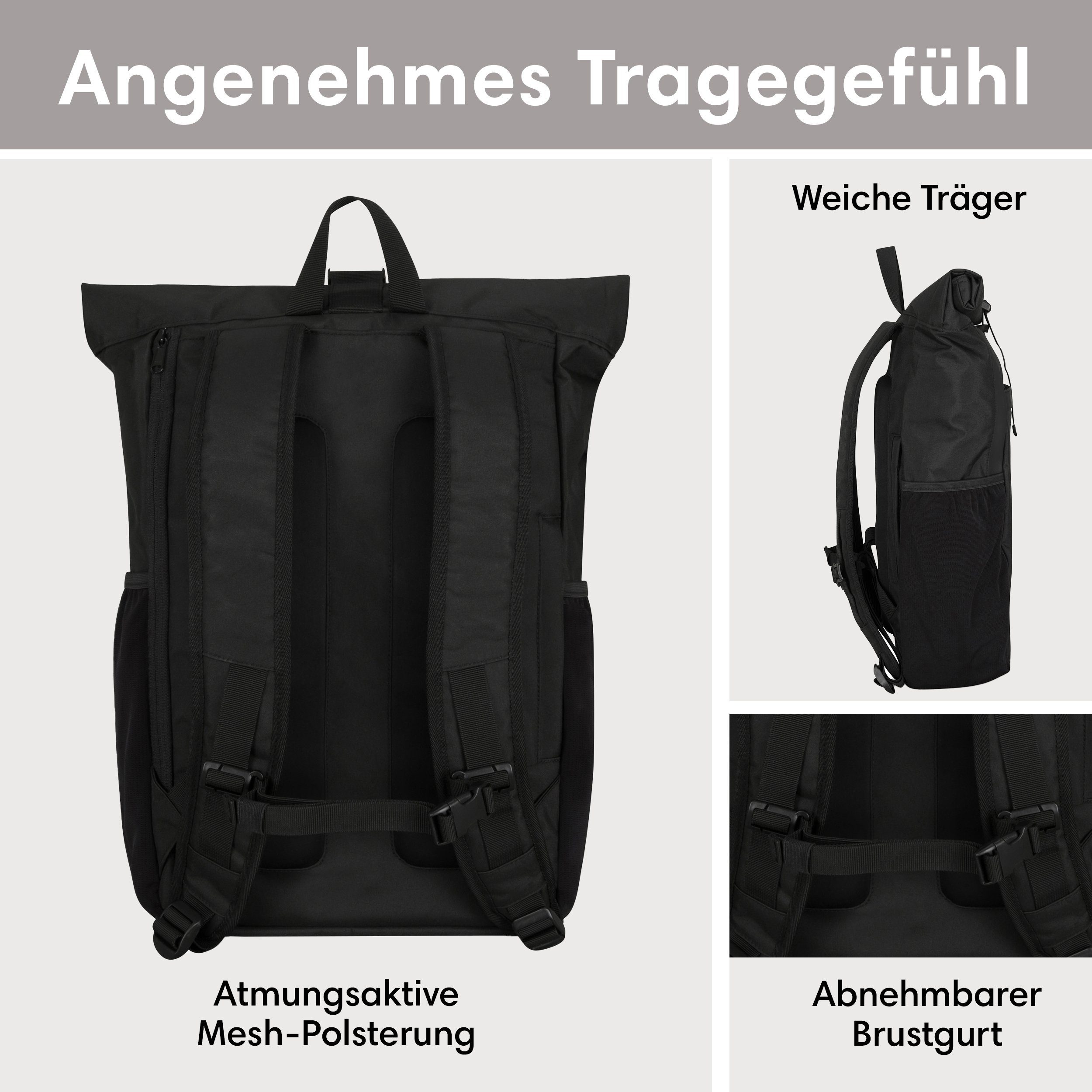 LARKSON Cityrucksack No 2, Rolltop Damen Herren, Laptop Fach, Wasserabweisend