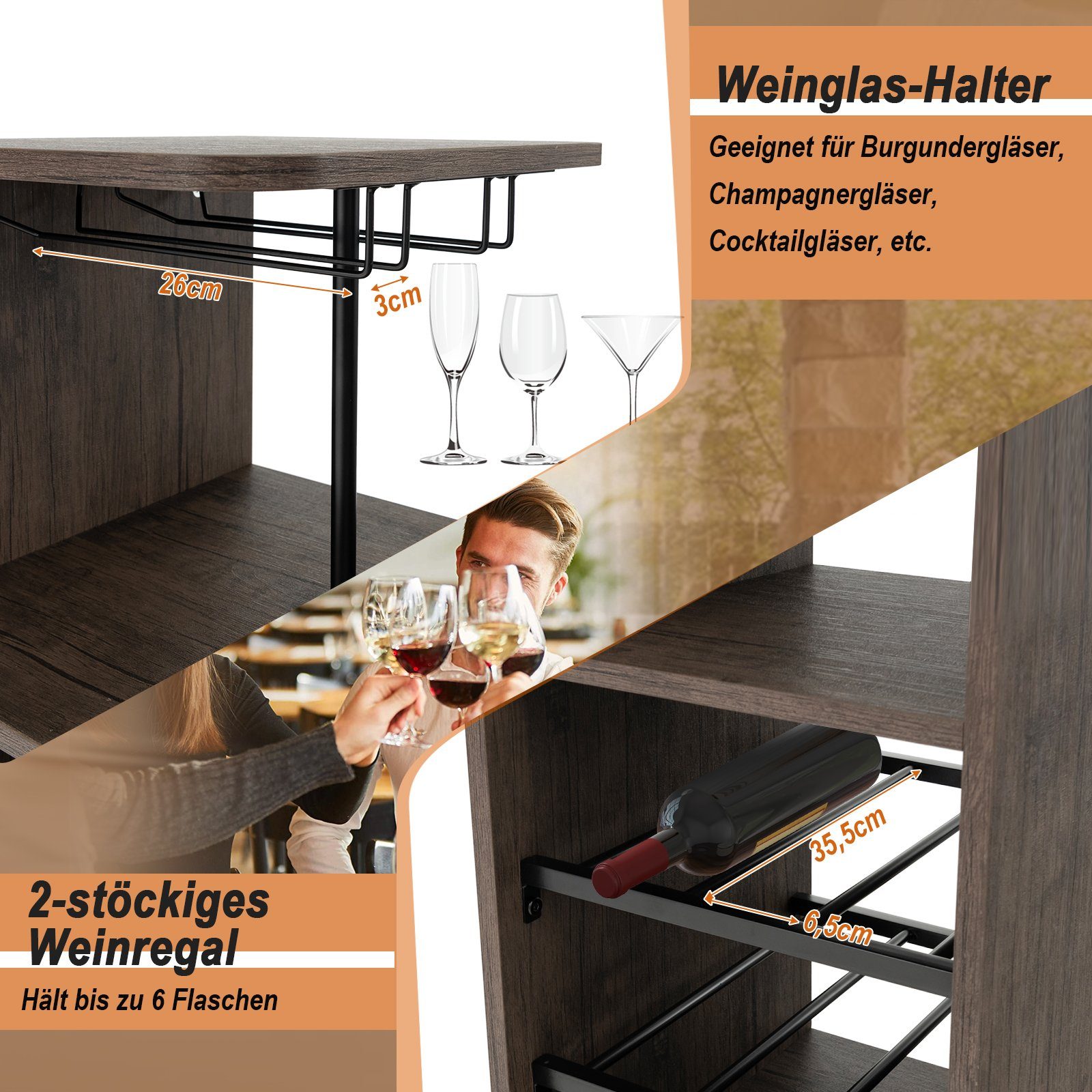 COSTWAY Bartisch (3 TLG. mit Hockern), mit Weinregal & Halterungen