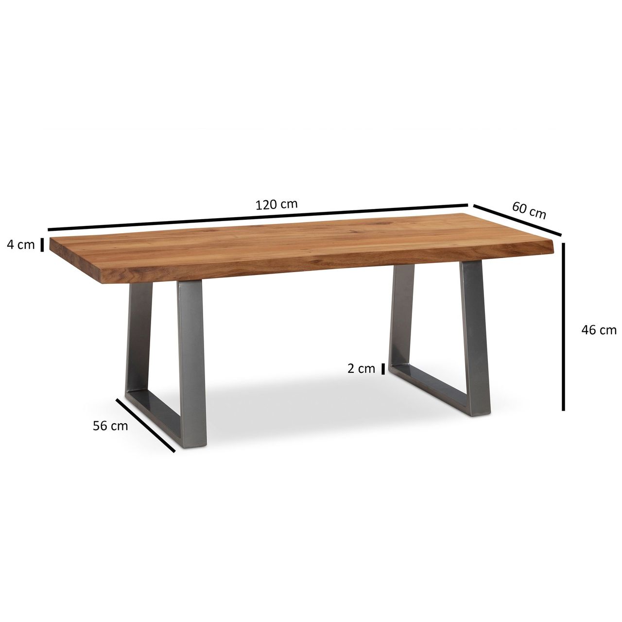 Wohnling Couchtisch 120 cm Massivholz Wohnzimmertisch Baumkante Sofatisch Chrom