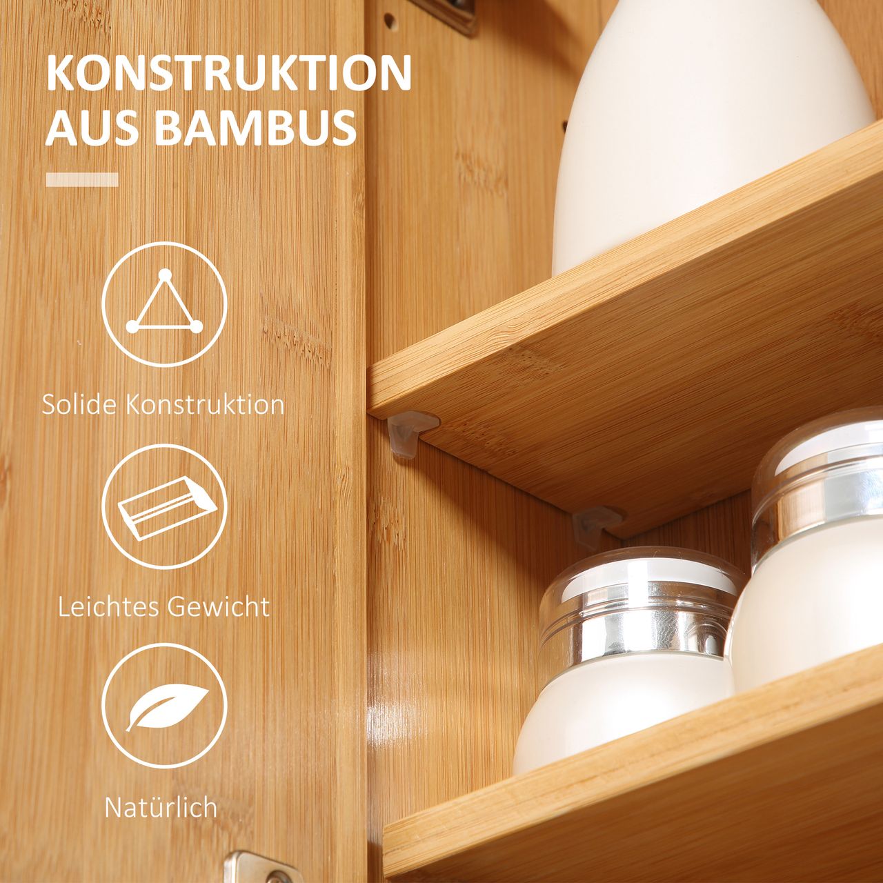 kleankin Spiegelschrank, Wandschrank mit 3 Innenböden, Hängeschrank aus Bambus