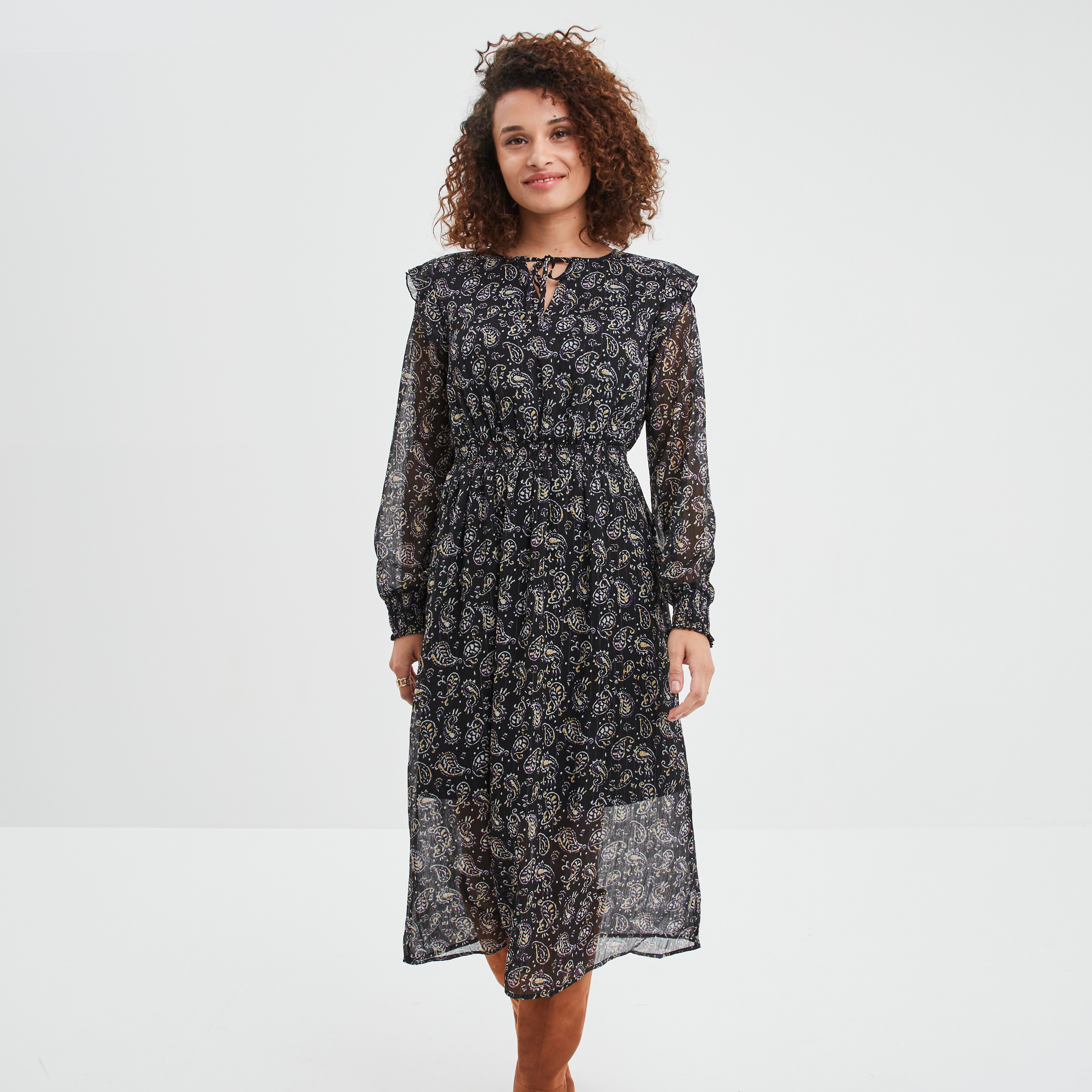 Robe fluide à volants longue noir femme | La Halle