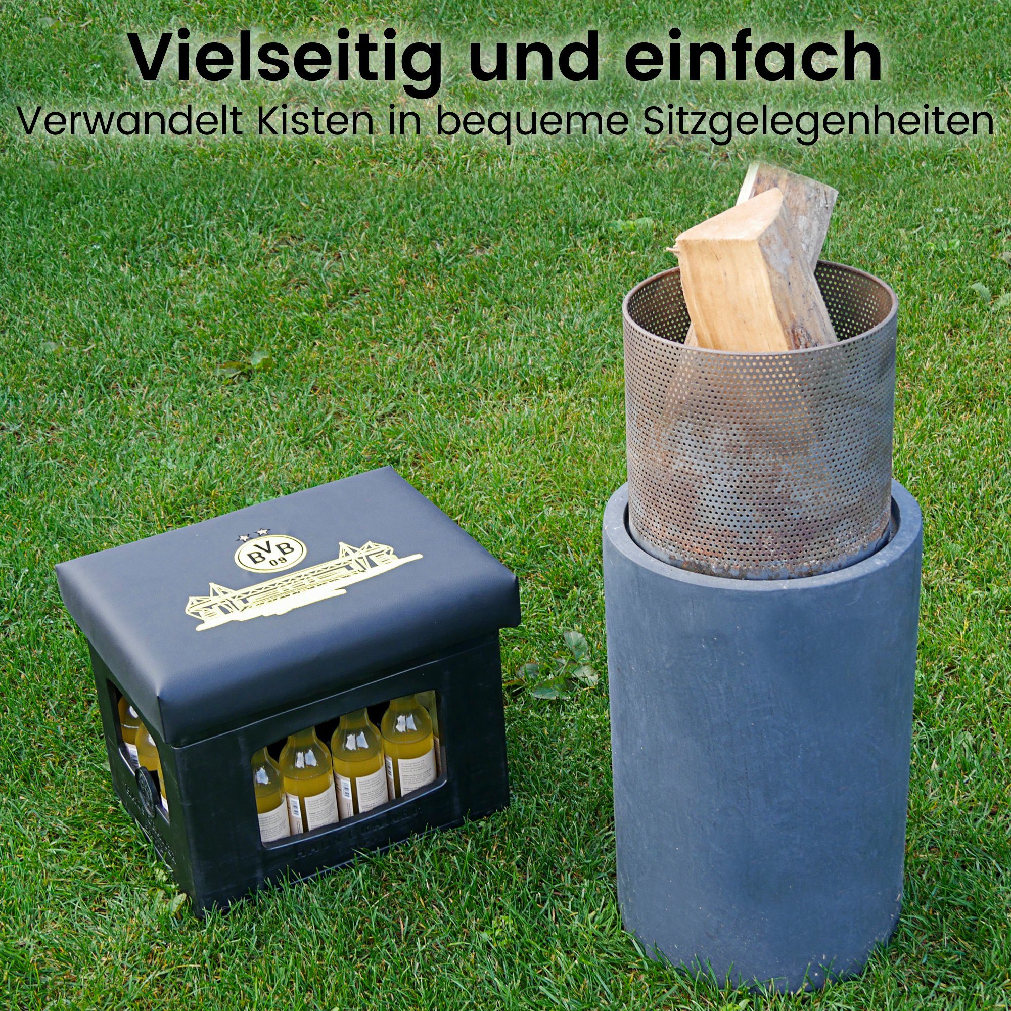 Borussia Dortmund Sitzkissen für Bierkisten, BVB 09 Bierkasten Sitz, Sitzauflage, Kunstleder mit dicker Polsterung
