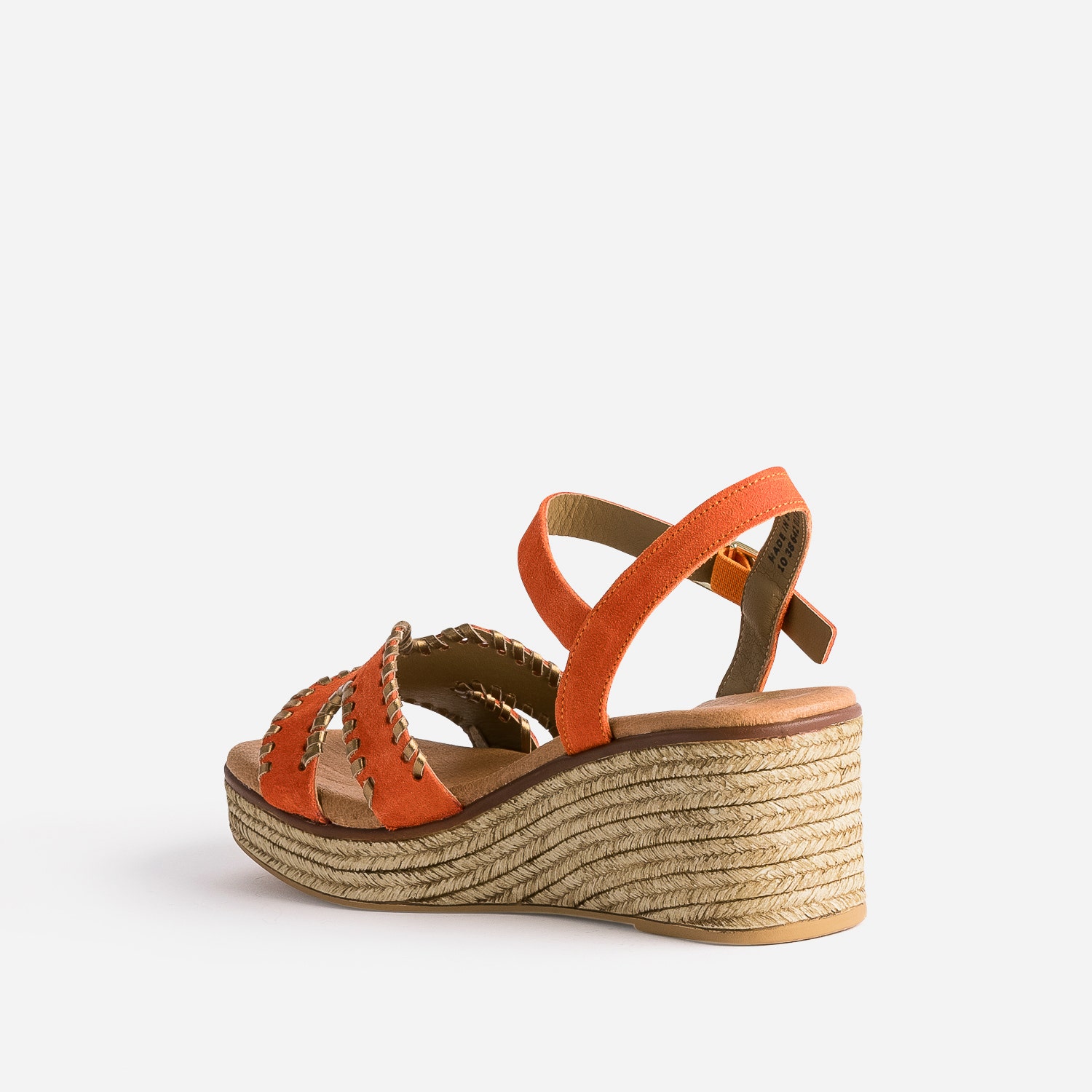 Sandale compensée orange cuir velours tressé doré