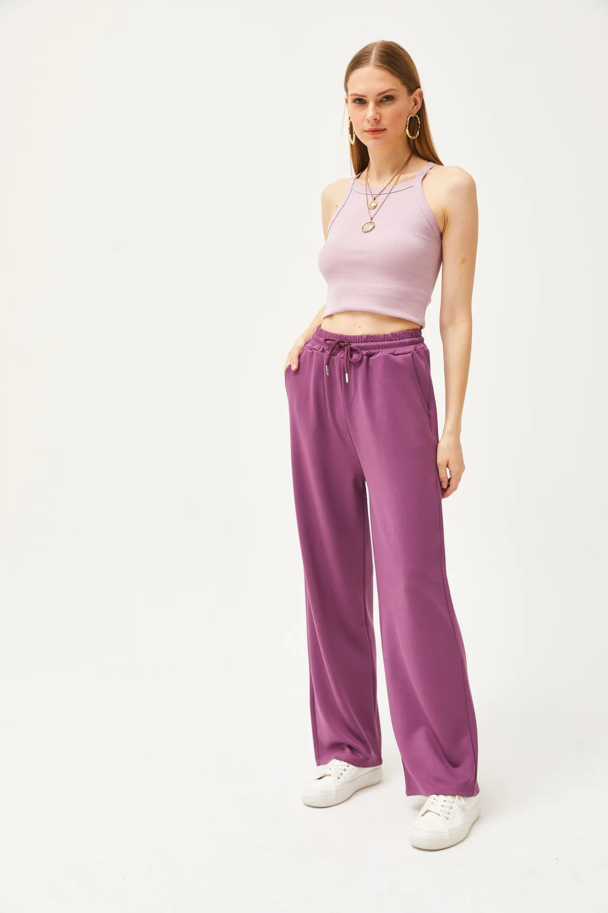 Olalook  Damen-Palazzo-Jogginghose aus weichem, strukturiertem Modal in Lila mit Taschen EŞF-00000068