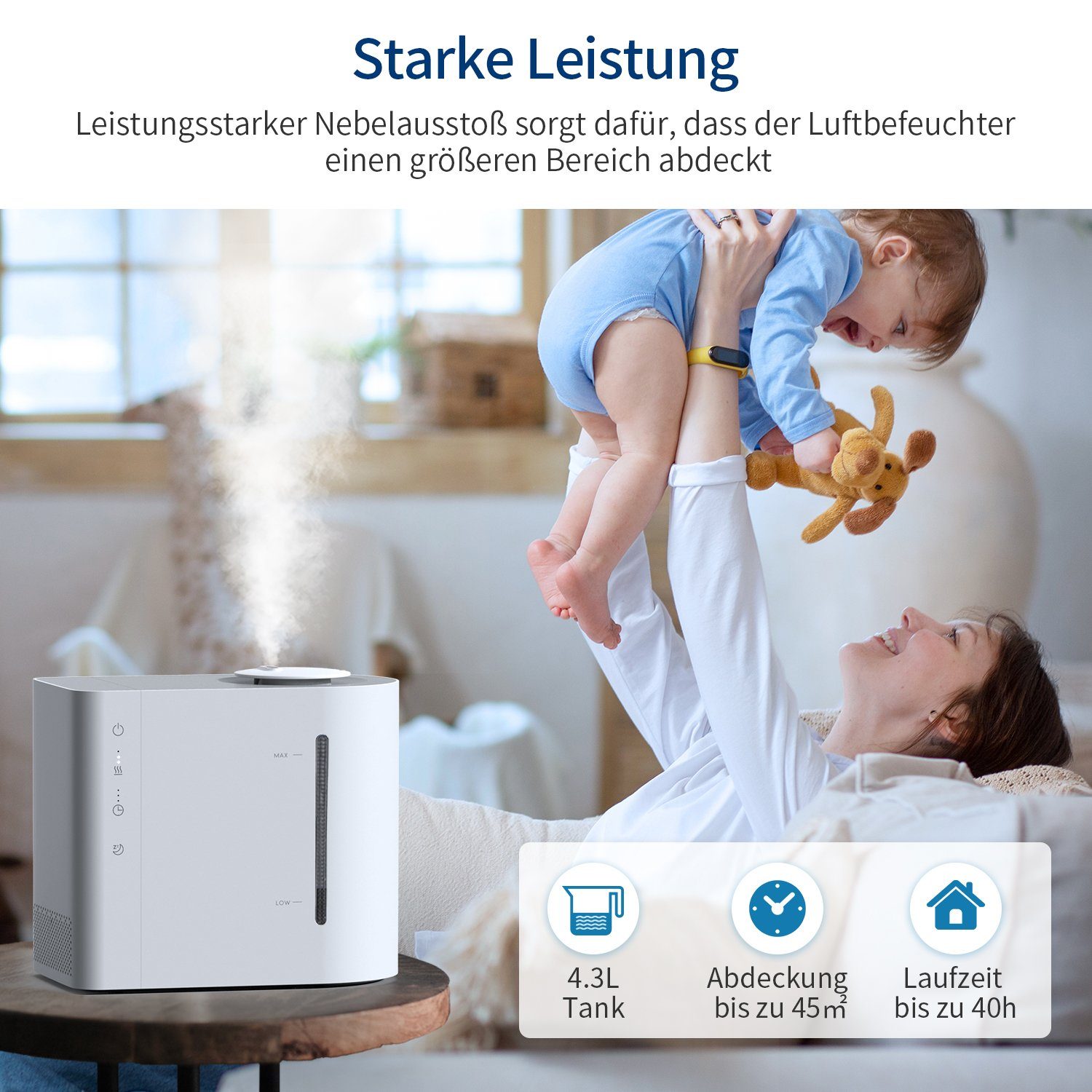 AIRROBO Luftbefeuchter HU450 , 360-Grad-Rotationsdüsen, automatische Abschaltung, 4,30 l Wassertank, Ultraschall-Technologie, Raumbefeuchter, Calmist 3.0™ Technologie