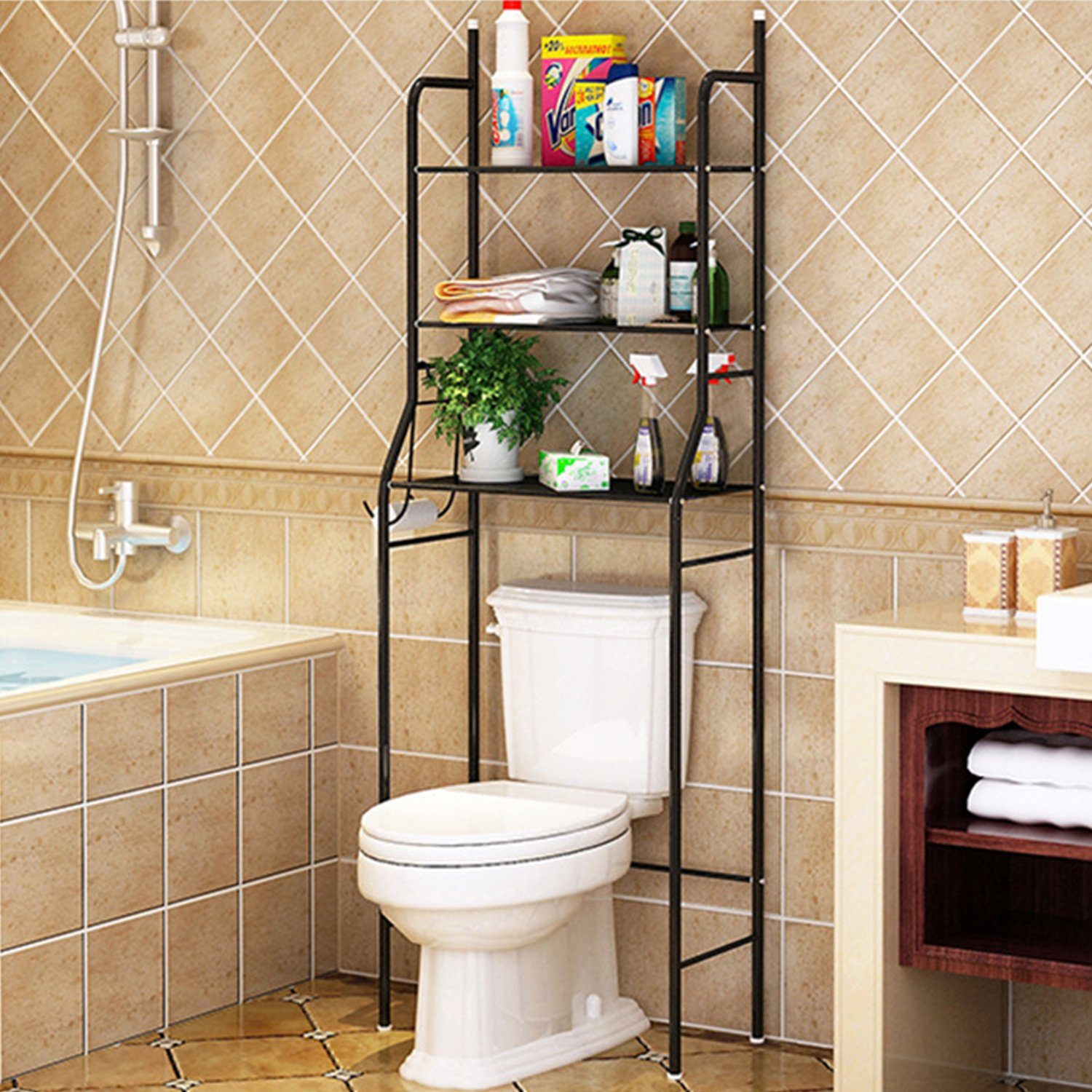 Vicbuy Badregal Standregal mit 3 Haken, 3 Etagen Stahl Toilettenregal, WC-Regal, Metall Badezimmerregal, Aufbewahrungsregal, Waschmaschinenregal, für Badezimmer, 153*48*26cm