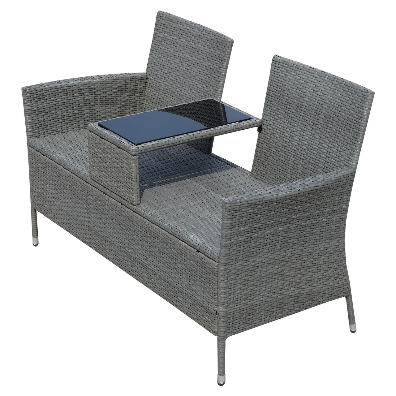 Outsunny Polyrattan Gartenbank Gartensofa Sitzbank mit Tisch 2-Sitzer Stahl Grau