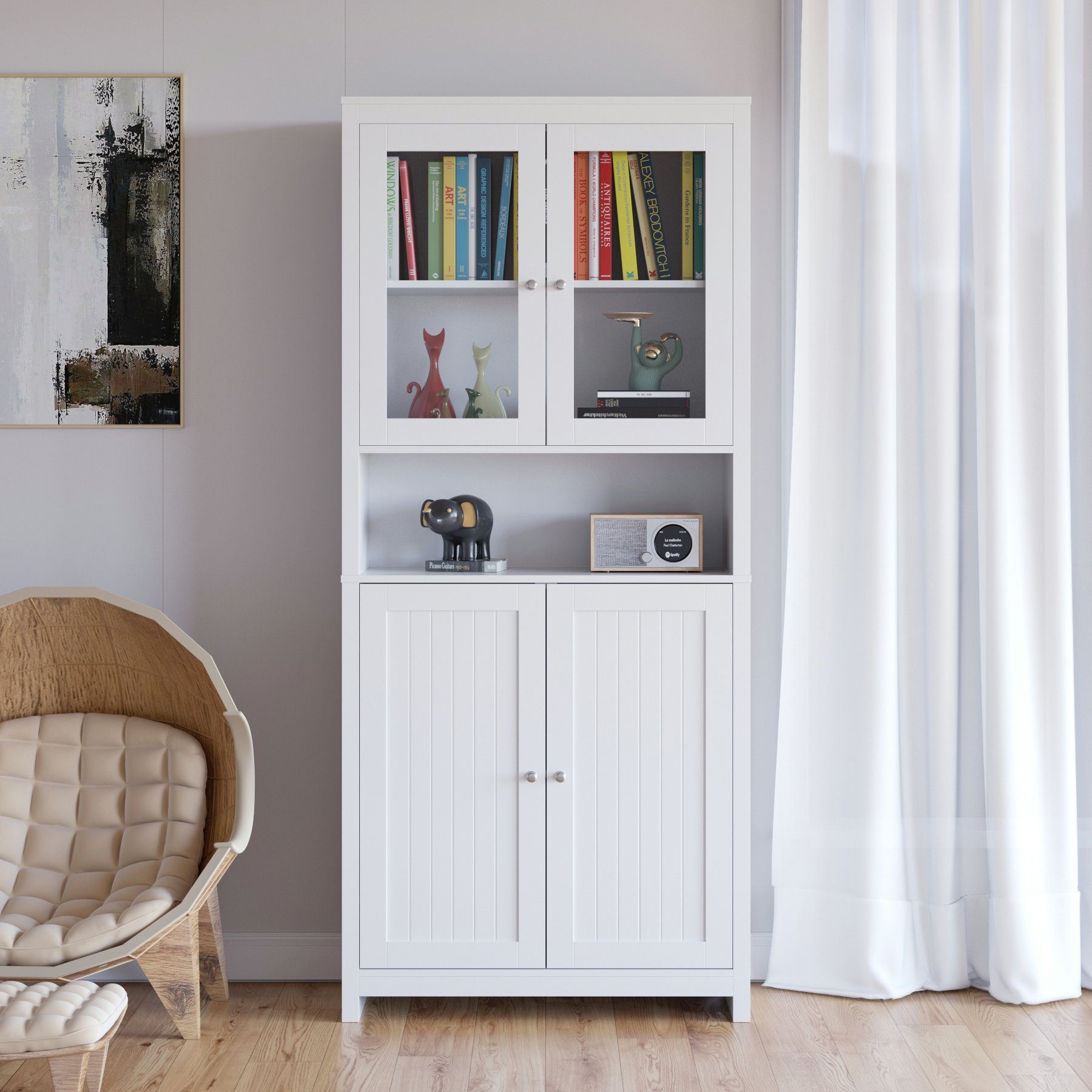 Homfa Hochschrank 190cm Vitrinenschrank, Bücherschrank mit 4 Türen, Buffet, Weiß
