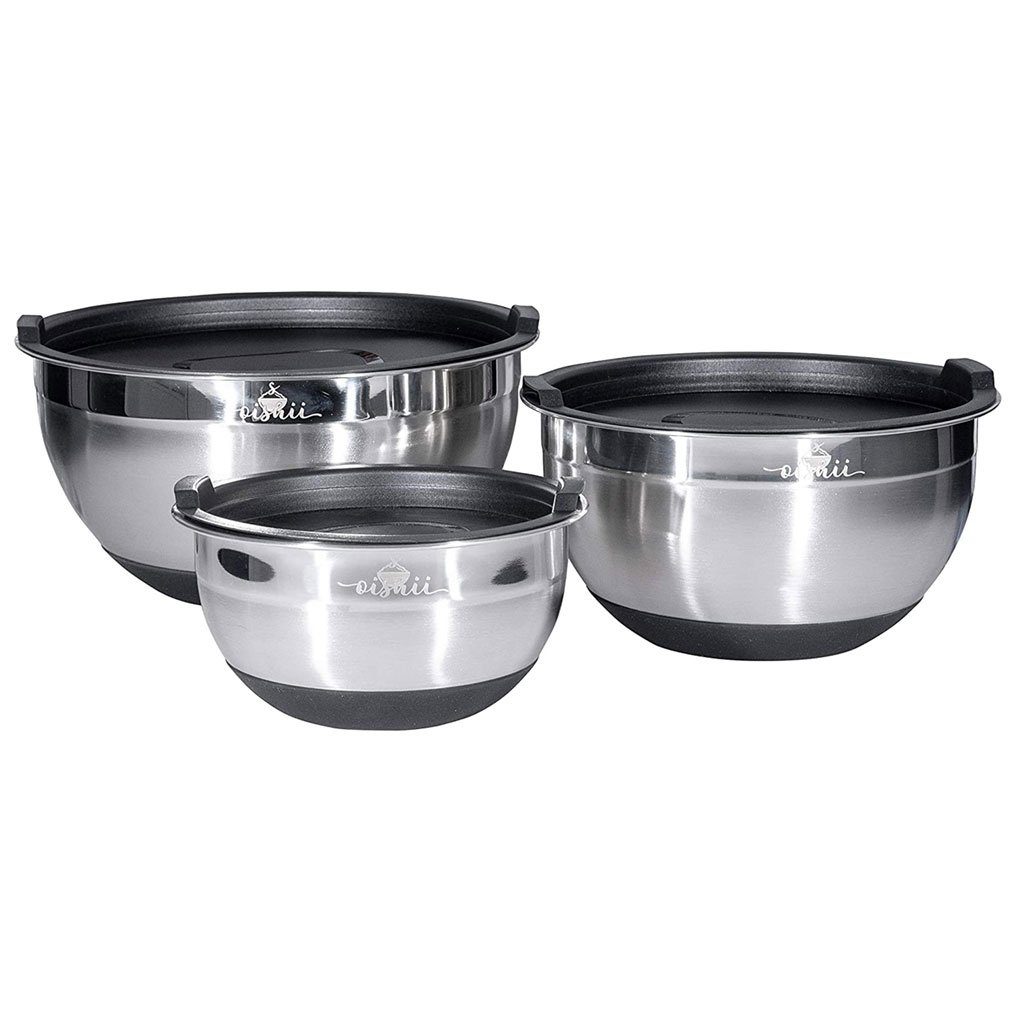 OISHII Salatschüssel Edelstahl Schüssel Set mit Deckel, Edelstahl, (Set, 3-tlg), anti-rutsch, stapelbar