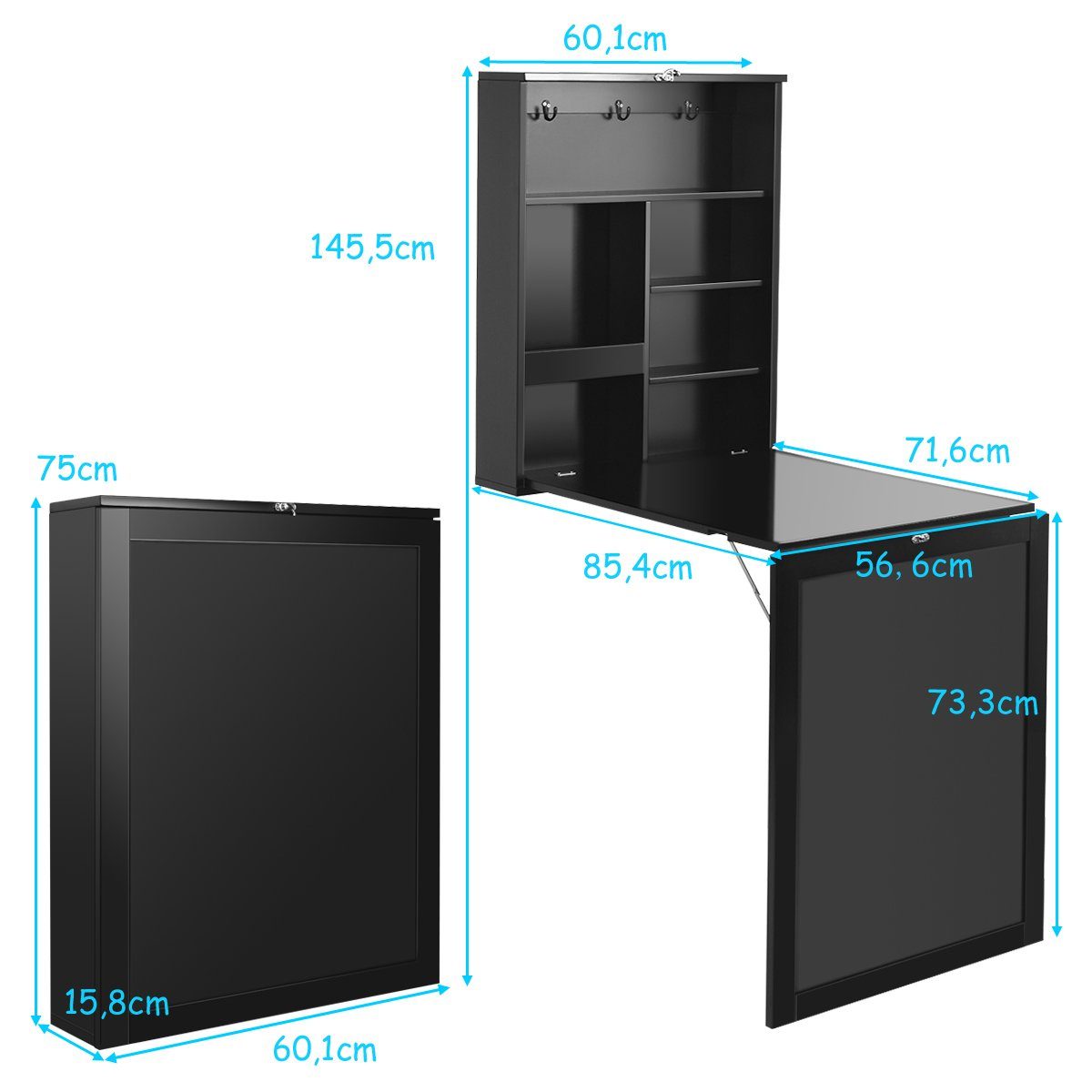 COSTWAY Klapptisch, Wandmontage, mit Tafel & Haken, 85,5 x 60 x 145,5 cm