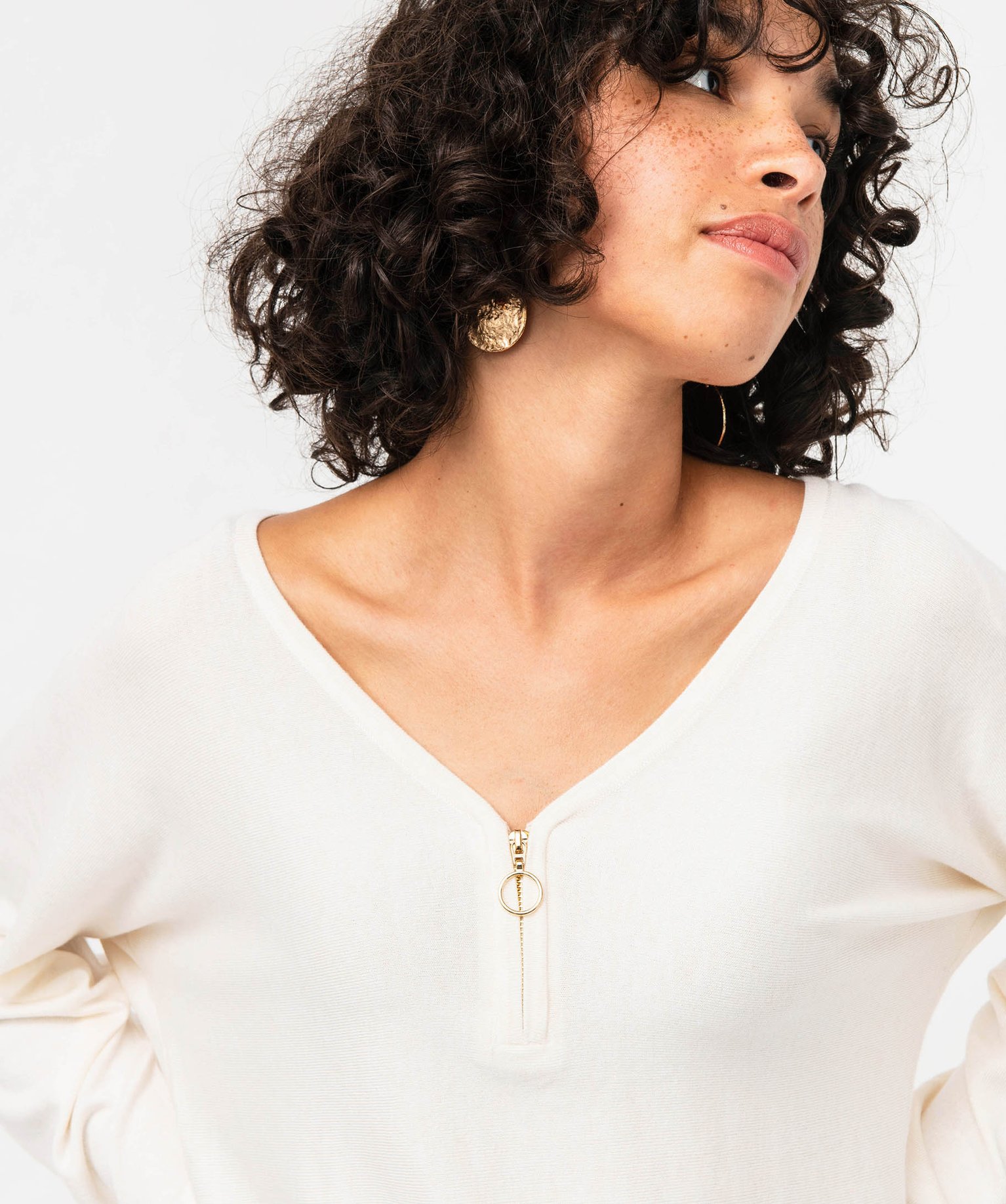 Pull col V zippé et manches chauve-souris femme ecru | GEMO