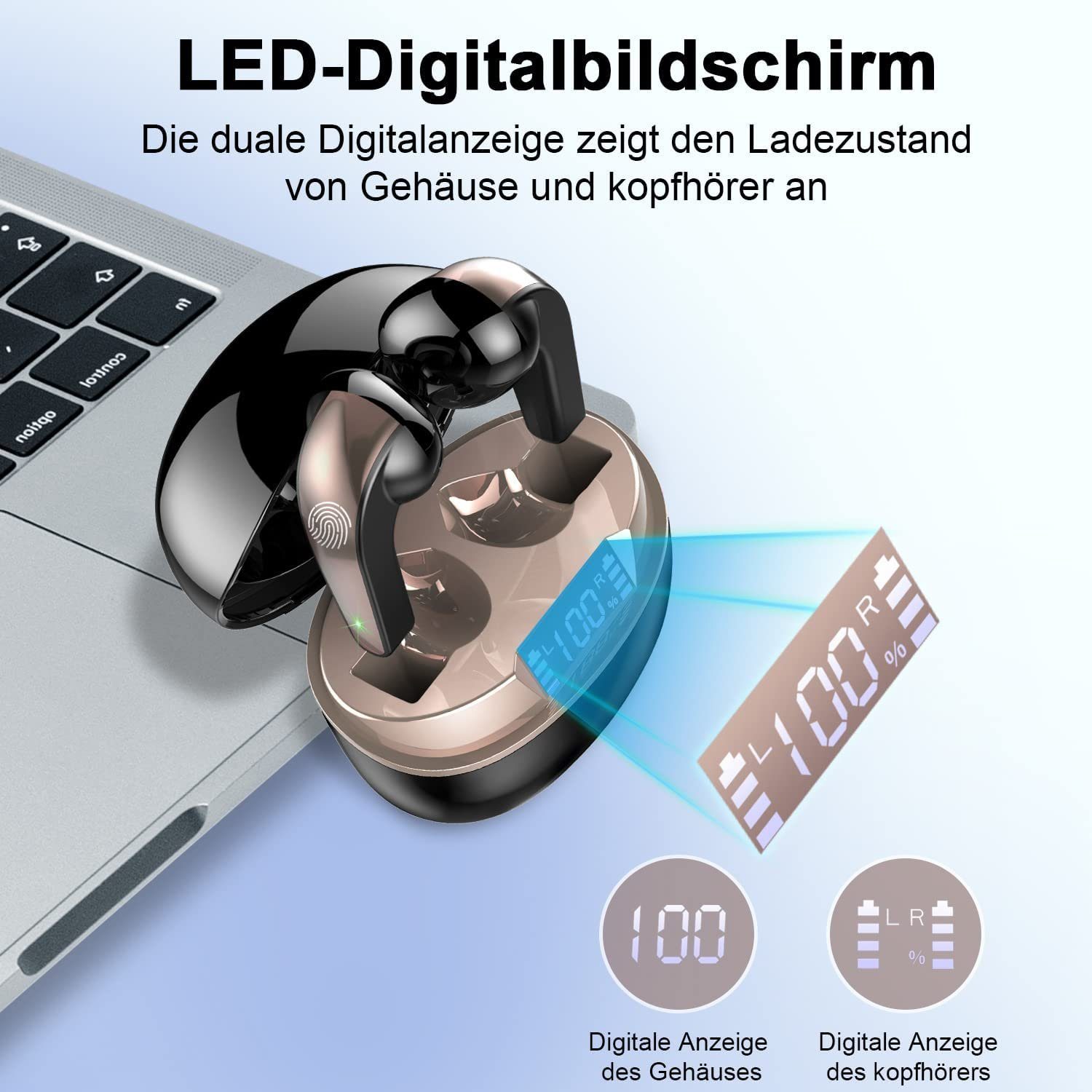 Mutoy TWS In-Ear-Kopfhörer,Bluetooth Kopfhörer mit HD Mikrofon,Bluetooth 5.3 In-Ear-Kopfhörer (HiFi Stereo,Noise Cancelling,True Wireless, Sprachsteuerung,Ultraleicht Ohrhörer, LED Anzeige, IP7 Wasserdicht USB-C Schnelles Aufladen)