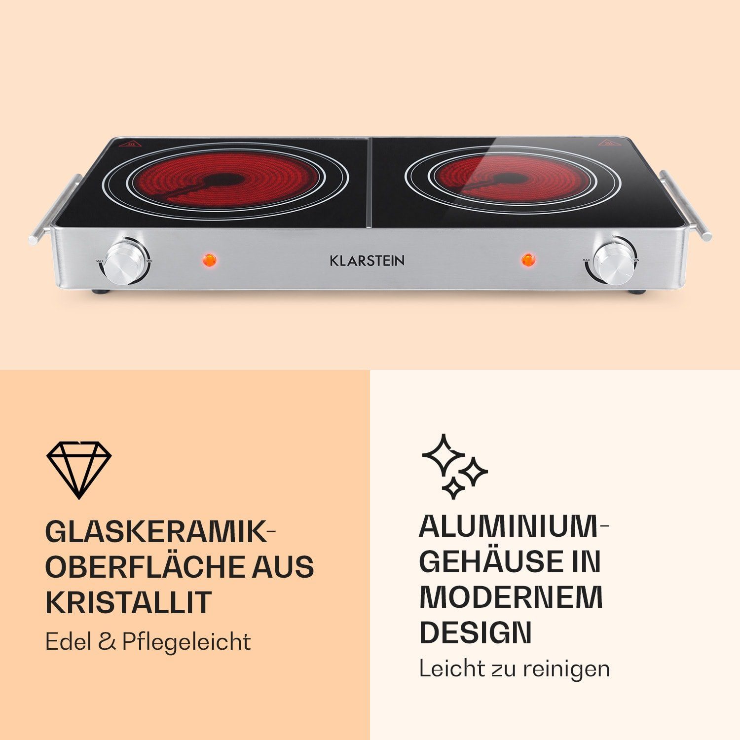 Klarstein Doppelkochplatte VariCook Duo Kochplatte 3000W Edelstahlgehäuse Tragegriffe, Kochplatte 2 Platten Glaskeramik Kochfeld