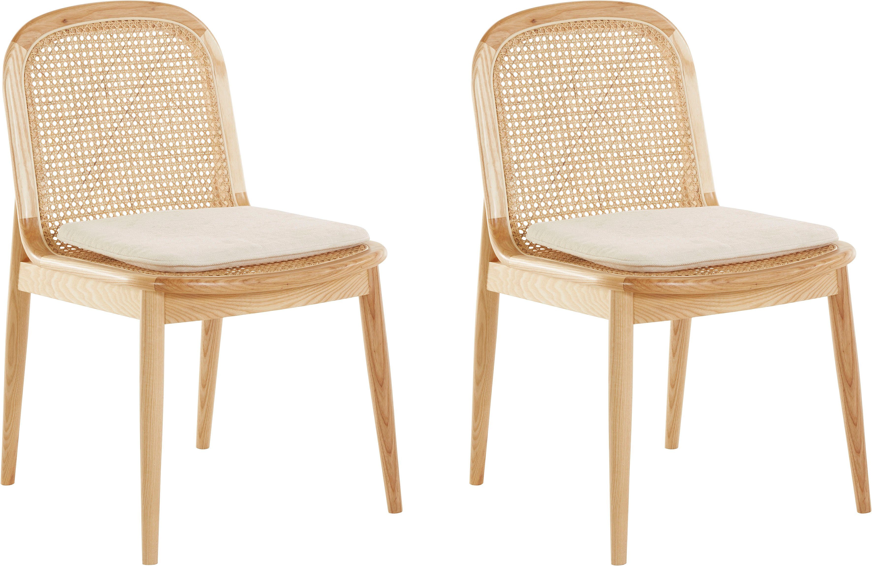 LeGer Home by Lena Gercke Esszimmerstuhl Mavie (Set), 2er-Set, Massivholz mit Rattaneinsatz, inkl. Sitzkissen