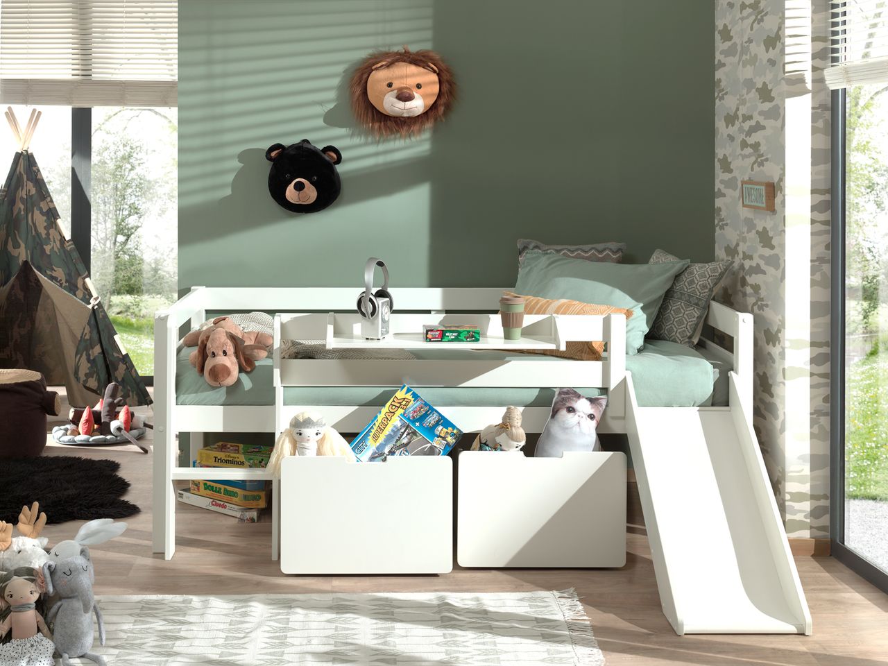 VIPACK Spielbett mit Liegefläche 90 x 200 cm, inkl. Leiter, Regal, Rutsche, Rolllattenrost und 2 Schubkästen, Kiefer und MDF weiß lackiert