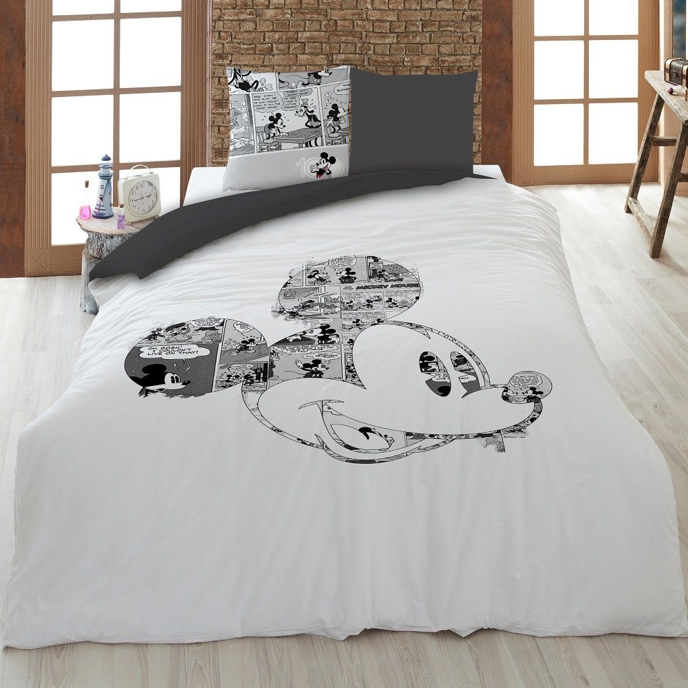 Bettwäsche 's Mickey Mouse 135x200 + 80x80cm aus 100% Baumwolle, Familando, Renforcé, 2 teilig, zum 100-jährigen Jubiläum mit Cartoon