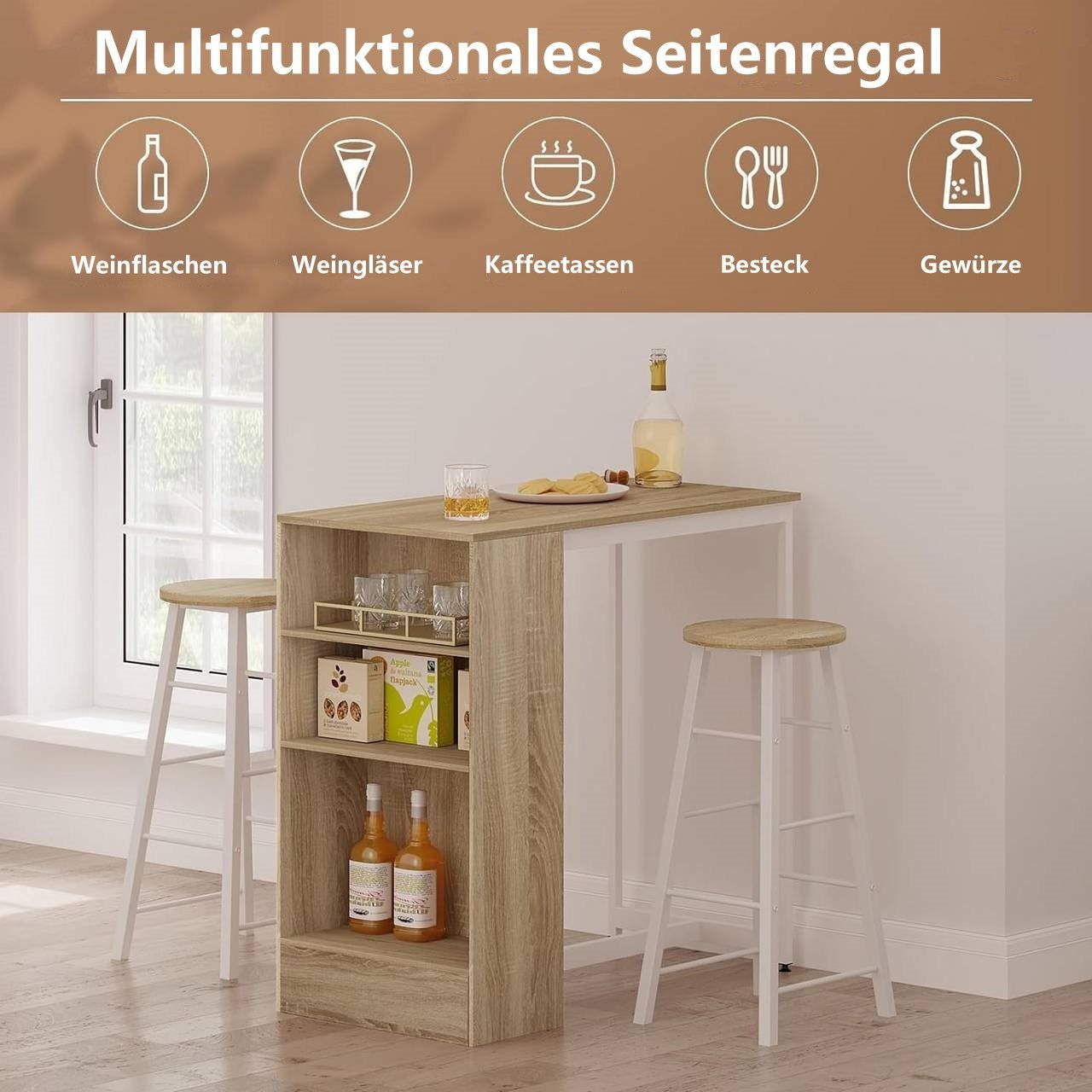 Woltu Bartisch (1-St), mit 3 Regalfächern, aus Holzwerkstoff 91x49x91 cm