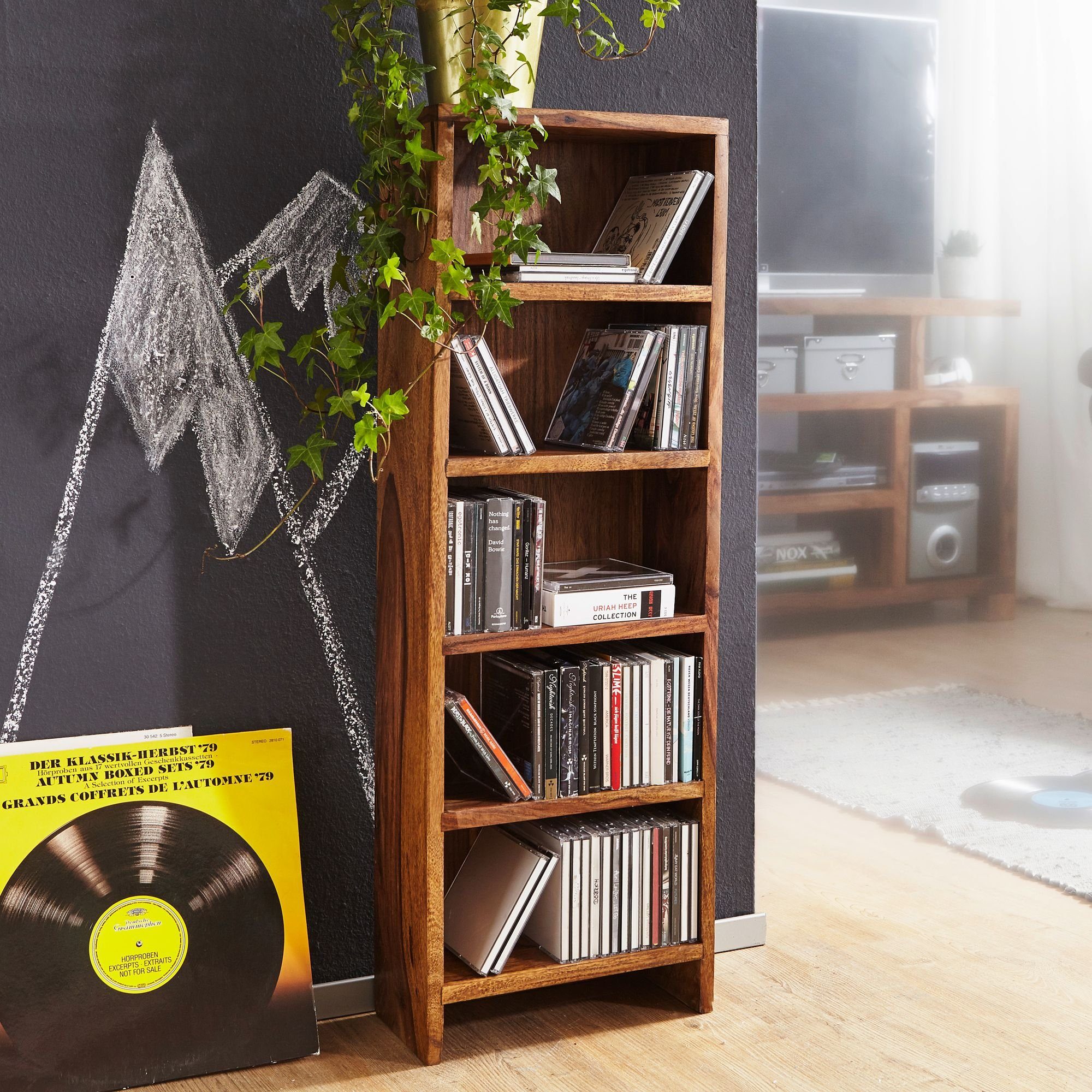 Wohnling CD-Regal WL1.763, Sheesham Massivholz 90 cm, Standregal für CDs, CD-Aufbewahrung 5 Fächer, Bücherregal Landhausstil