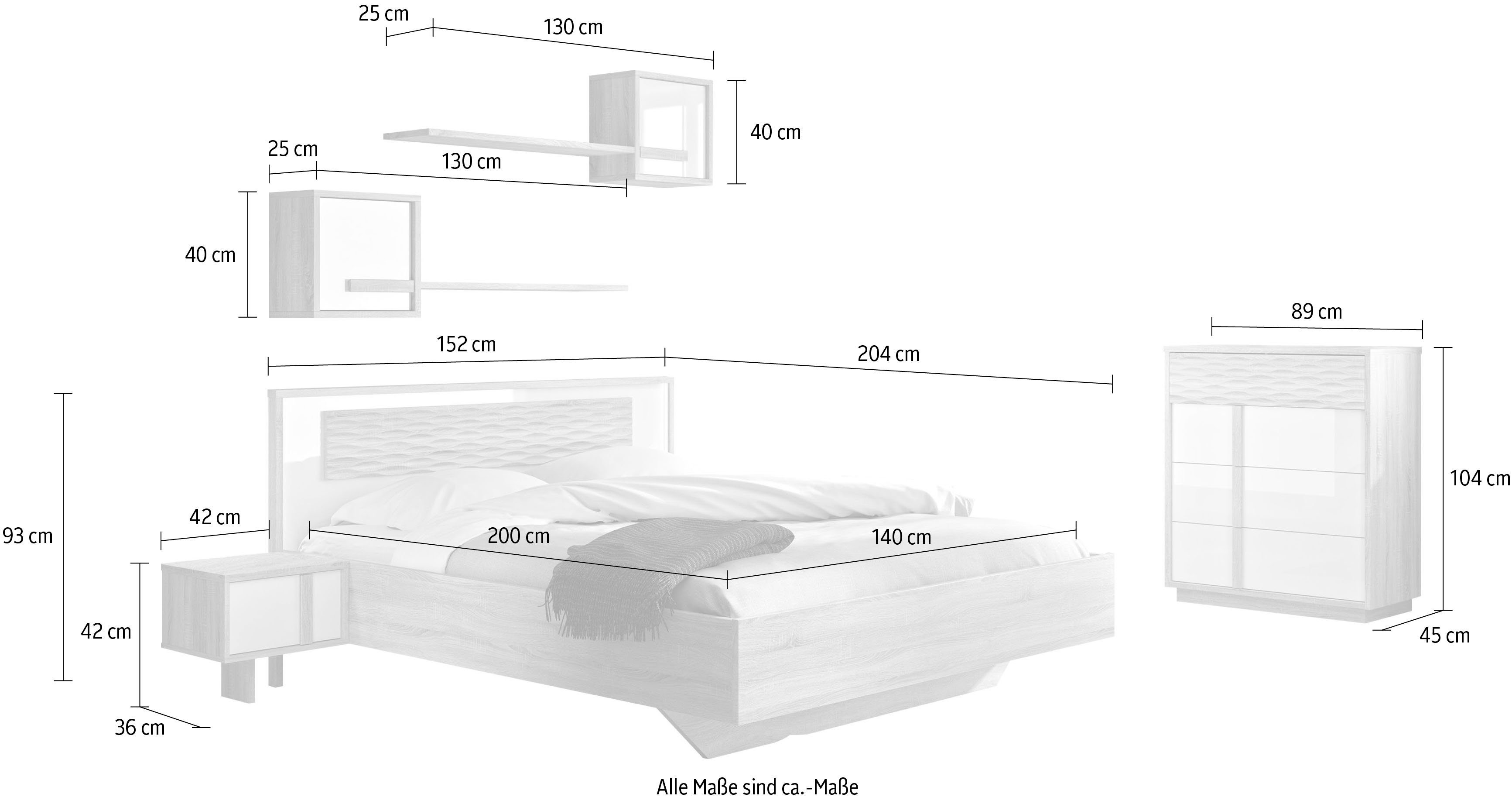 Gami Schlafzimmer-Set Curtys, (6-St., 1x Bett, 2x hängende Nachttische, 1x Kommode und 2x Wandregal)