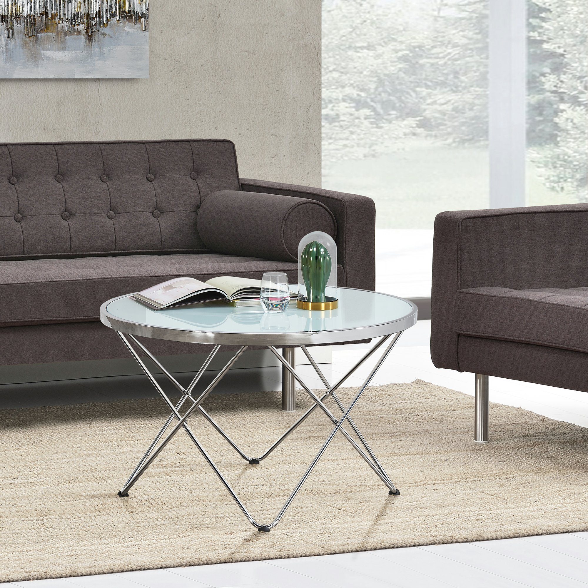 en.casa Couchtisch, Nikkeby Beistelltisch 80x50cm rund Metall Glas Milchglasoptik