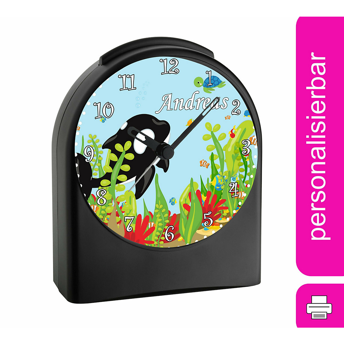 Kinder Funkwecker personalisiert mit Namen Fische Atom-/Funkuhr, 12-Stunden-Anzeigeformat, Schlummerfunktion, Nachtlicht, Geräuschlos/Ohne Ticken