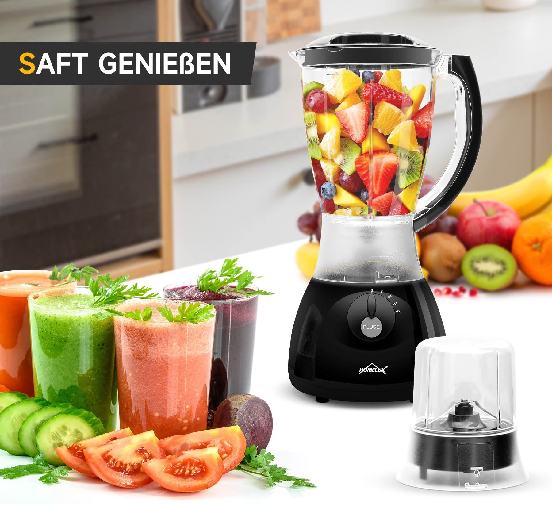 HOMELUX Standmixer 400w 1,5 L Kunststoff Mixer Smoothie Maker 3 in 1 Universal Blender, 400,00 W, 4 Geschwindigkeit, Impulsfunktion, Küchenmixer mit Stopfer