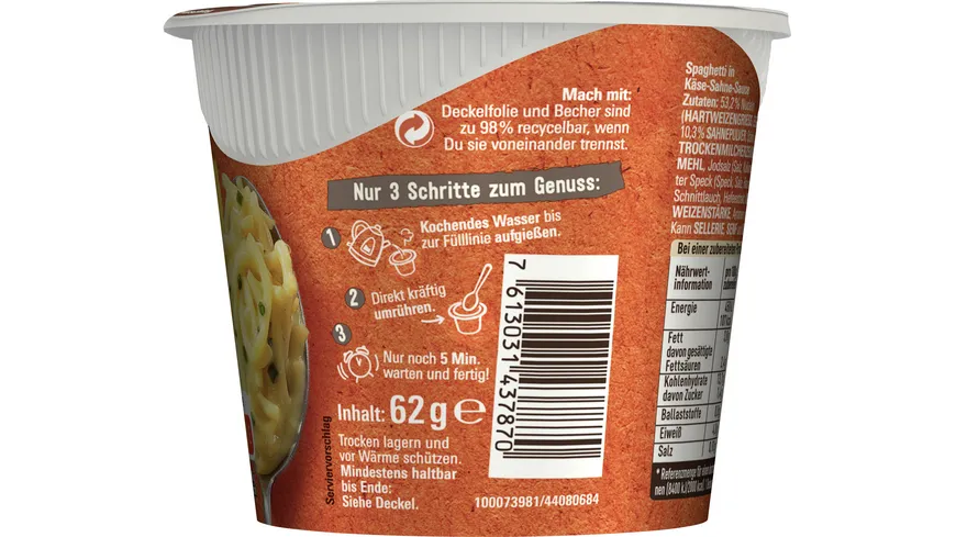 MAGGI 5 Minuten Terrine Spaghetti in Käse-Sahne-Sauce 62 g