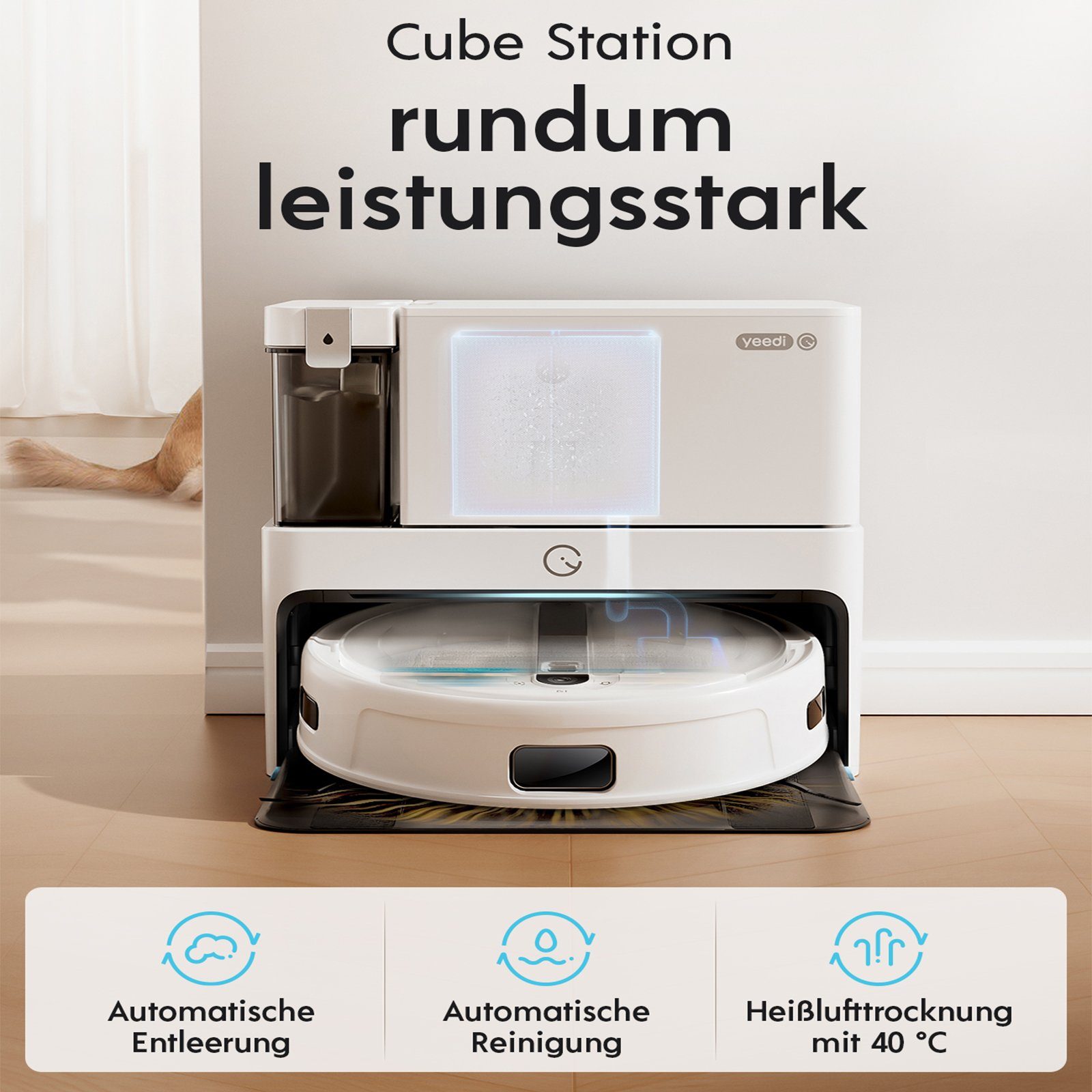 YEEDI Nass-Trocken-Saugroboter aus ECOVACS, Cube, 5100 Pa, automatisches Anheben der Wischplatte, 80,00 W, beutellos, selbstwaschend & selbsttrocknend & selbstentleerend
