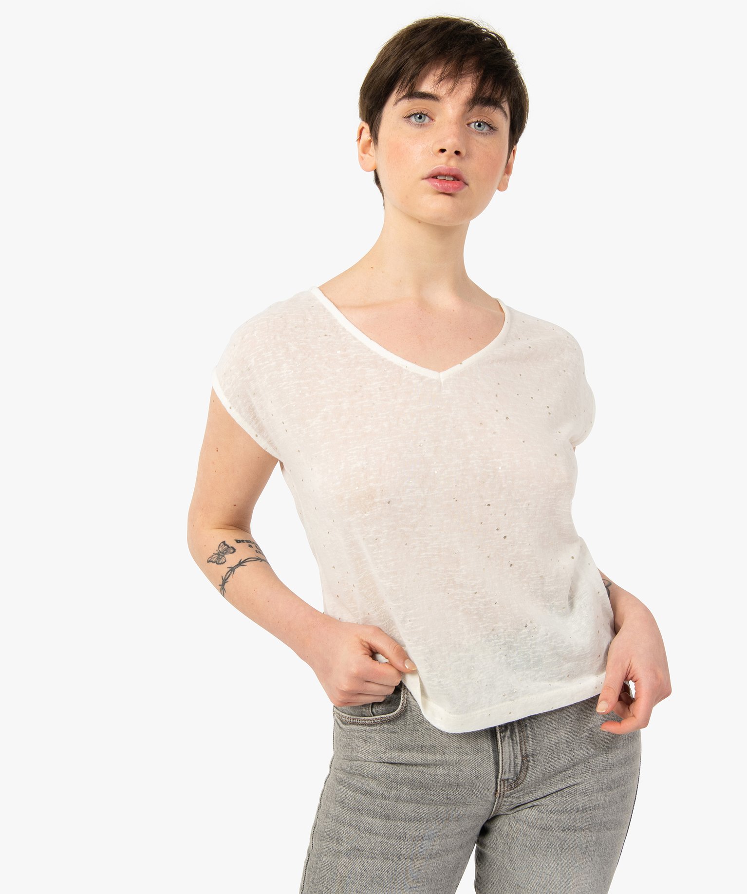 Tee-shirt femme sans manches en maille à motifs brillants ecru | GEMO