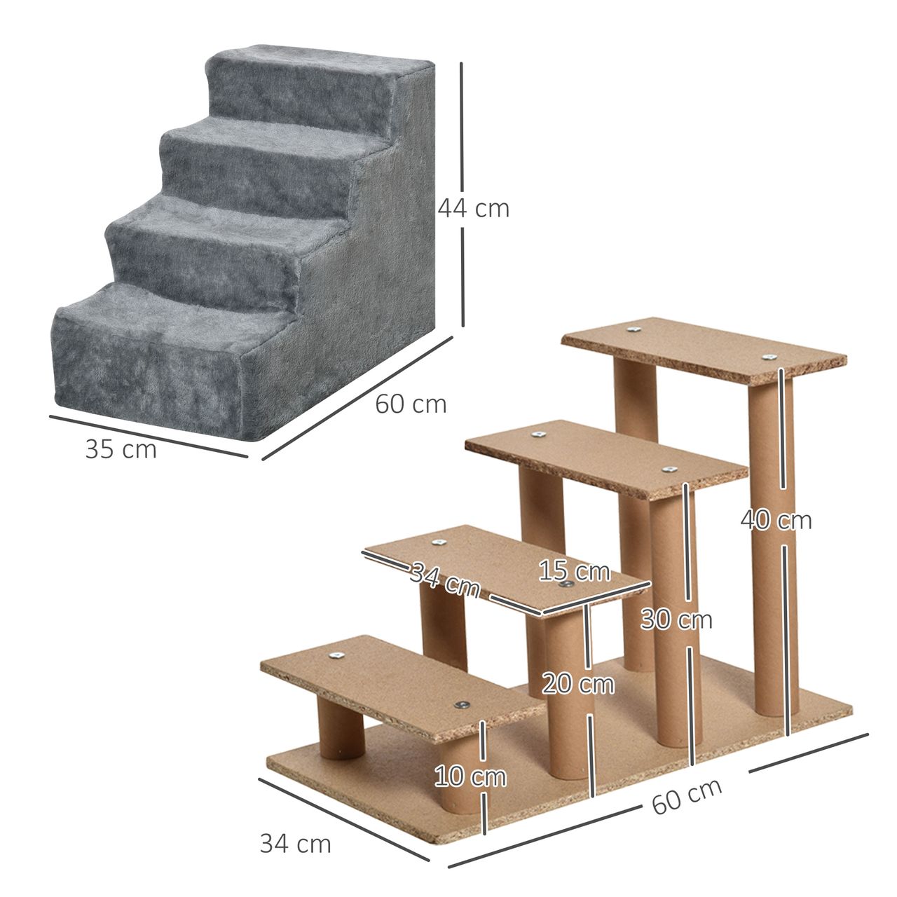 PawHut Haustiertreppe 4-stufige Hunderampe mit abnehmbarer Bezug Katzentreppe Hundetreppe Tiertreppe Spanplatte Plüsch Grau 60 x 35 x 44 cm