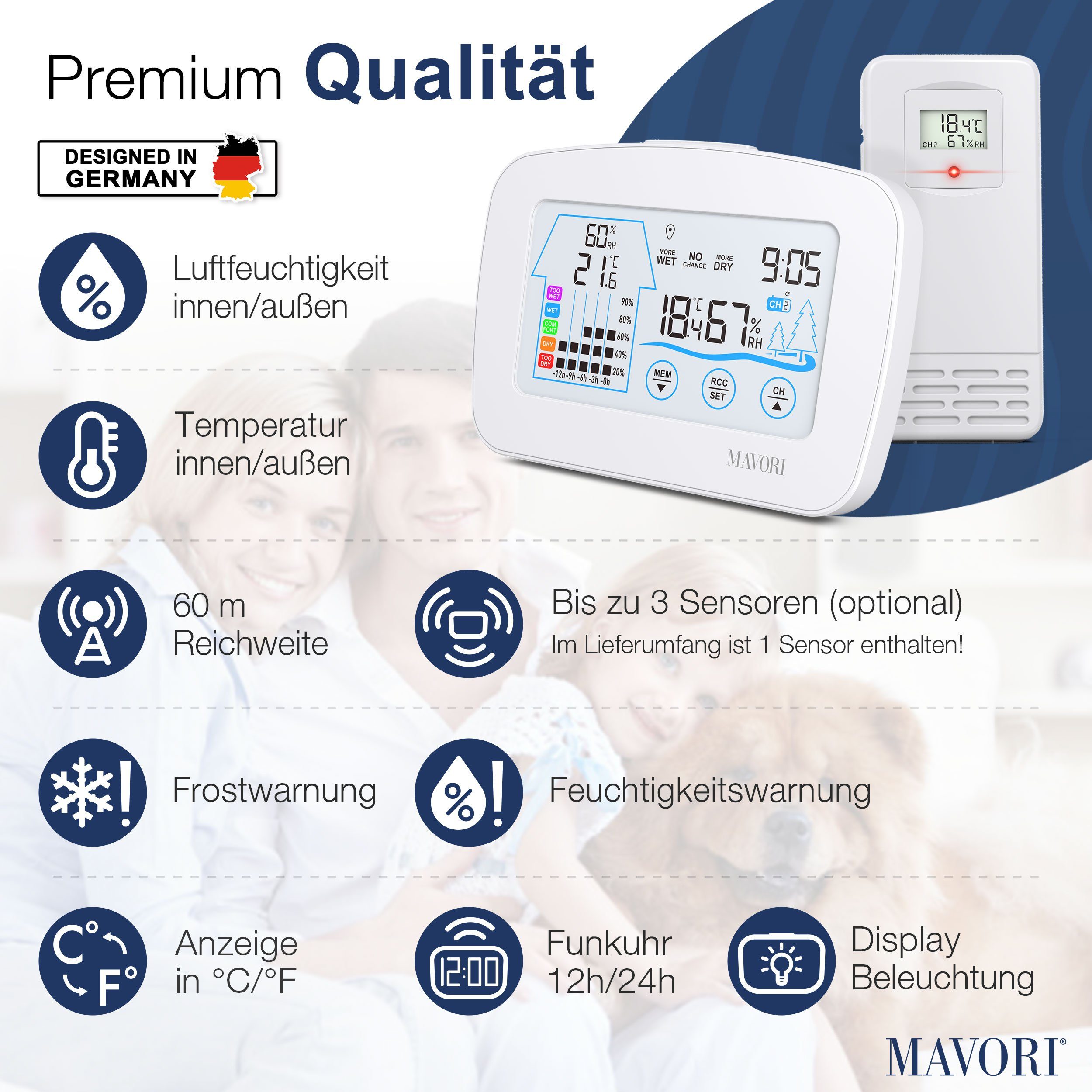 MAVORI Funk Hygro-Thermometer mit Außensensor – präzise und dekorativ Funkwetterstation (Funk Außensensor, Funkuhr)