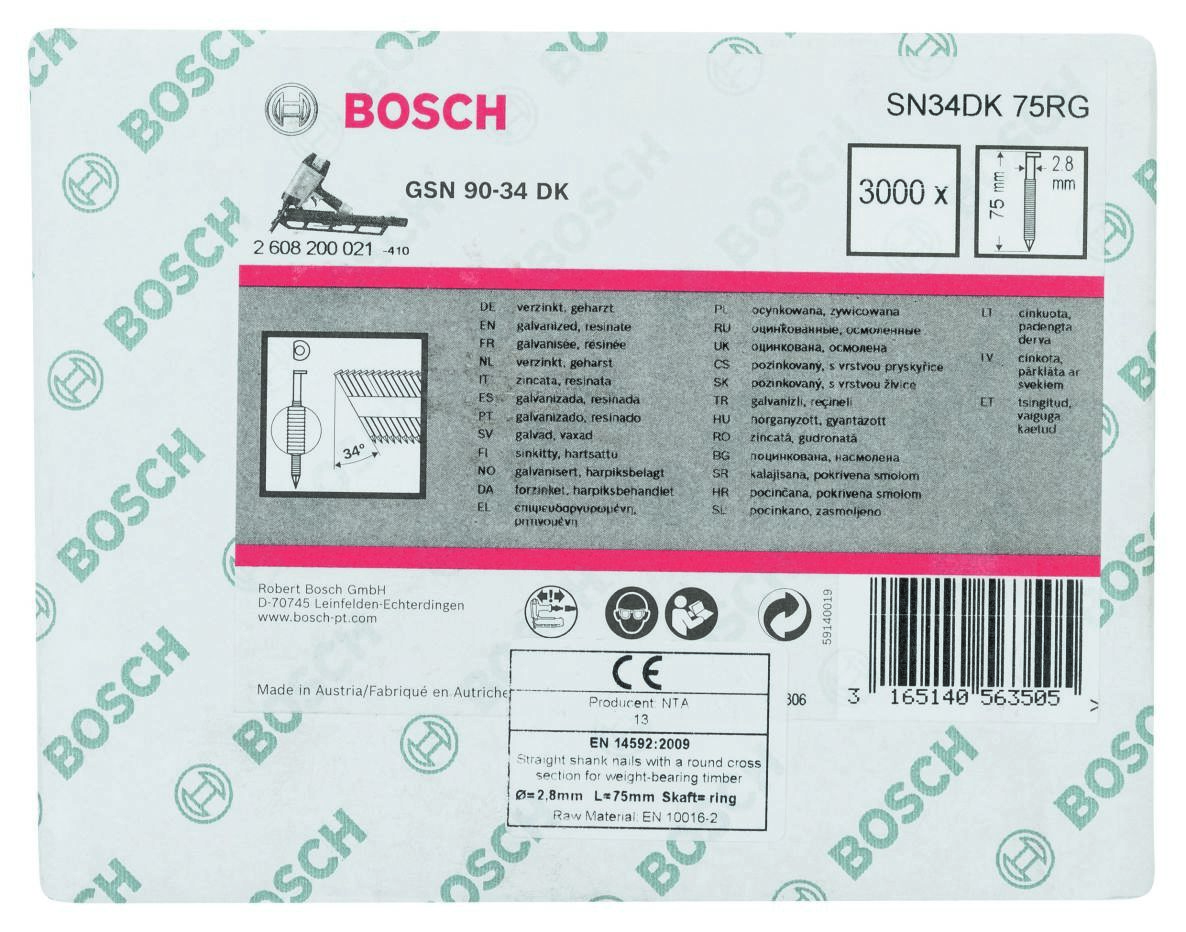 Bosch Blue Accessories 2608200021 SN34 DK 75RG Gwoździe taśmowe 34° D-Head ocynkowane z pierścieniem 75 mm 3000 sztuk