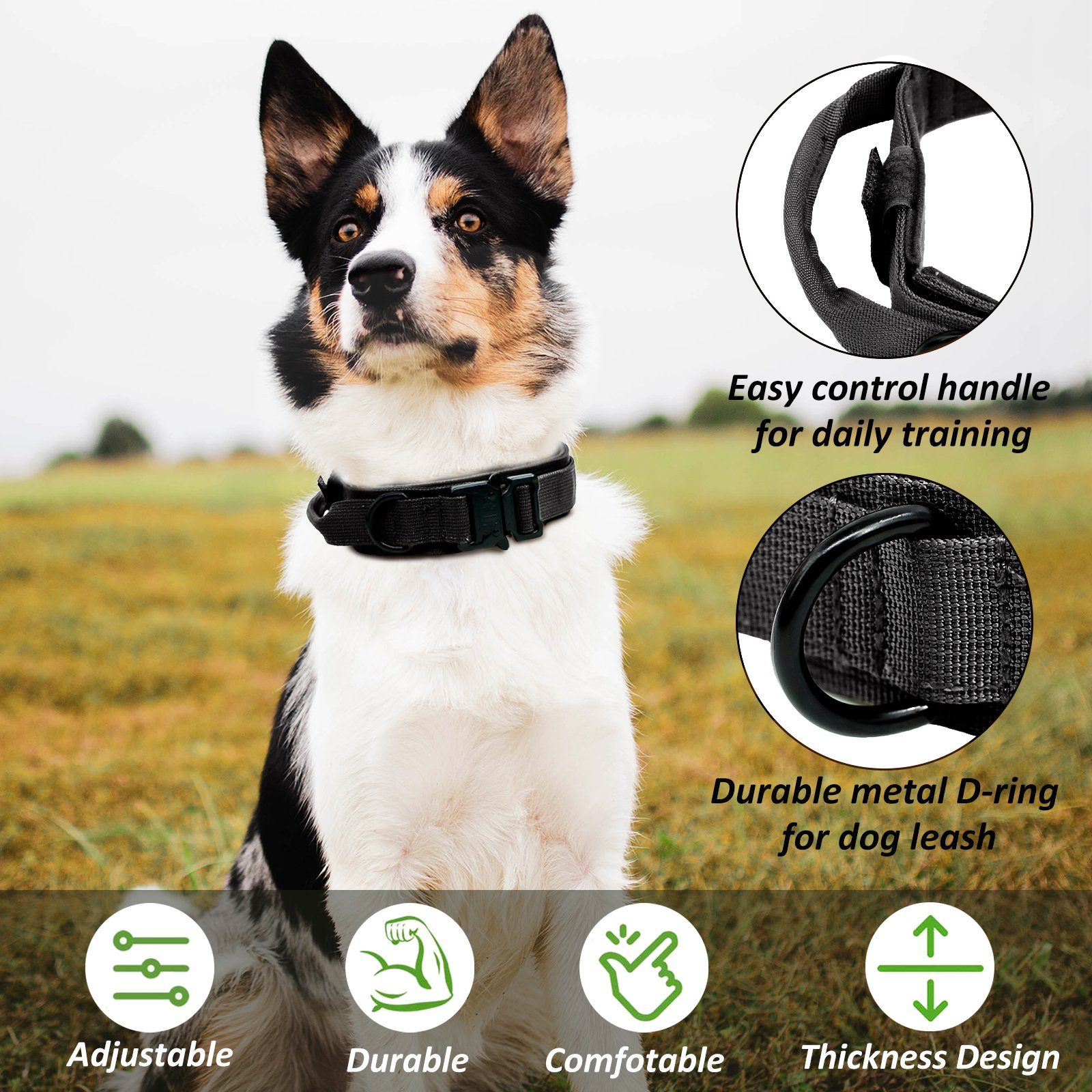 CALIYO Hunde-Halsband Militär Halsband Taktisches Hundehalsband mit Griff, für Mittlere Große Hunde Training Jagd, mit Robuste Metallschnalle