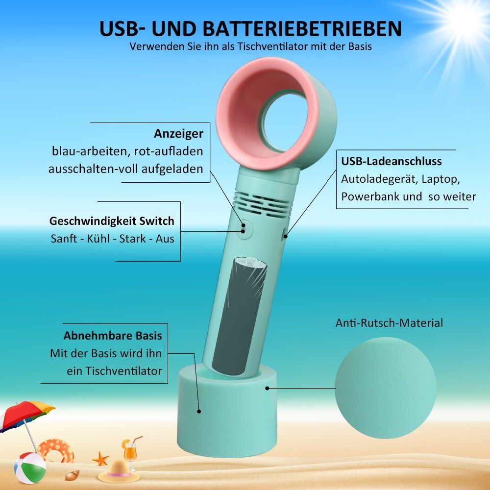 KAHOO Mini USB-Ventilator Blattloser Handventilator, USB-Ventilatoren, 3 Tempo