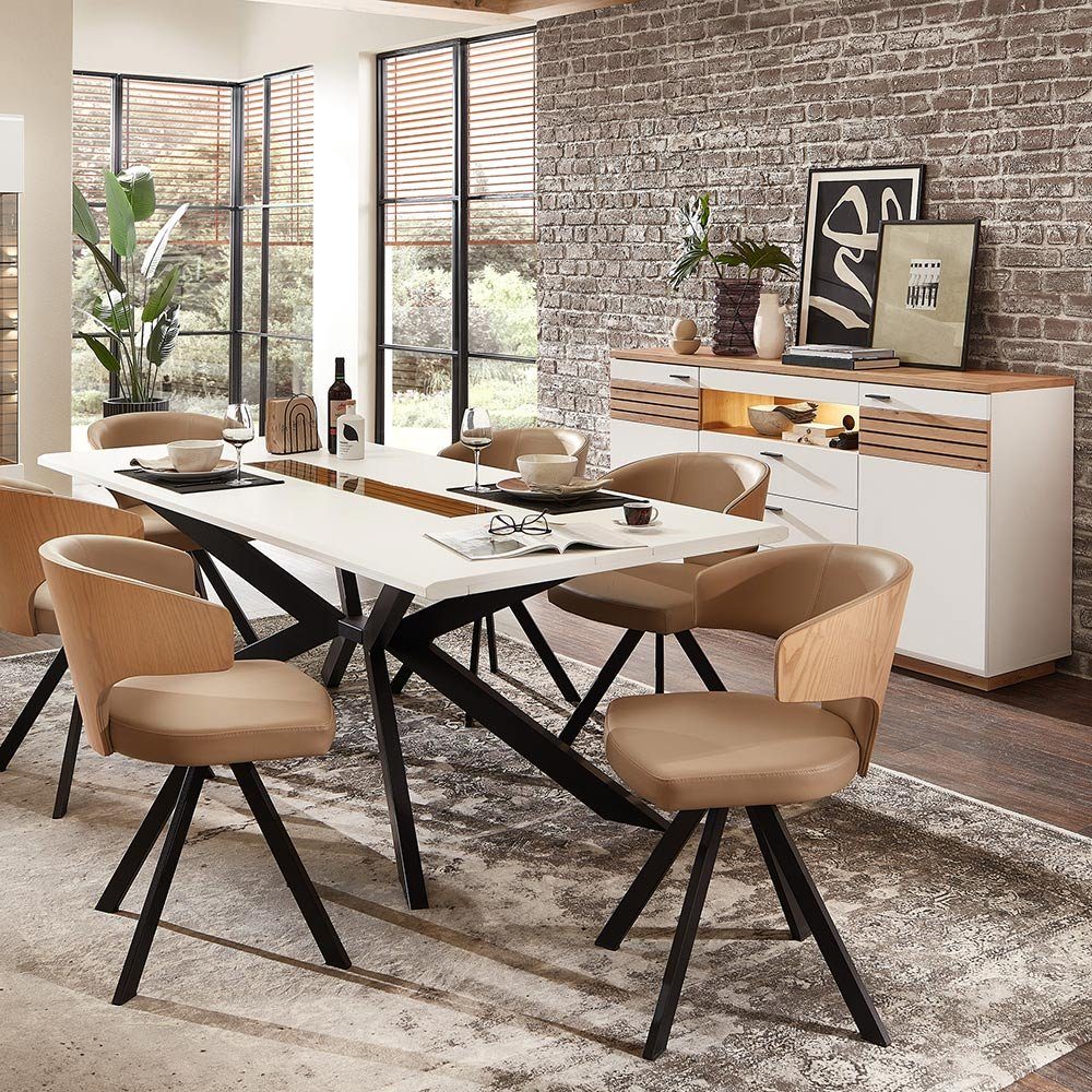 Lomadox Esszimmer-Set FALLON-55, (Spar-Set, 2-St), Tisch mit Spider-Fußgestell, 210x100cm, weiß mit Eiche
