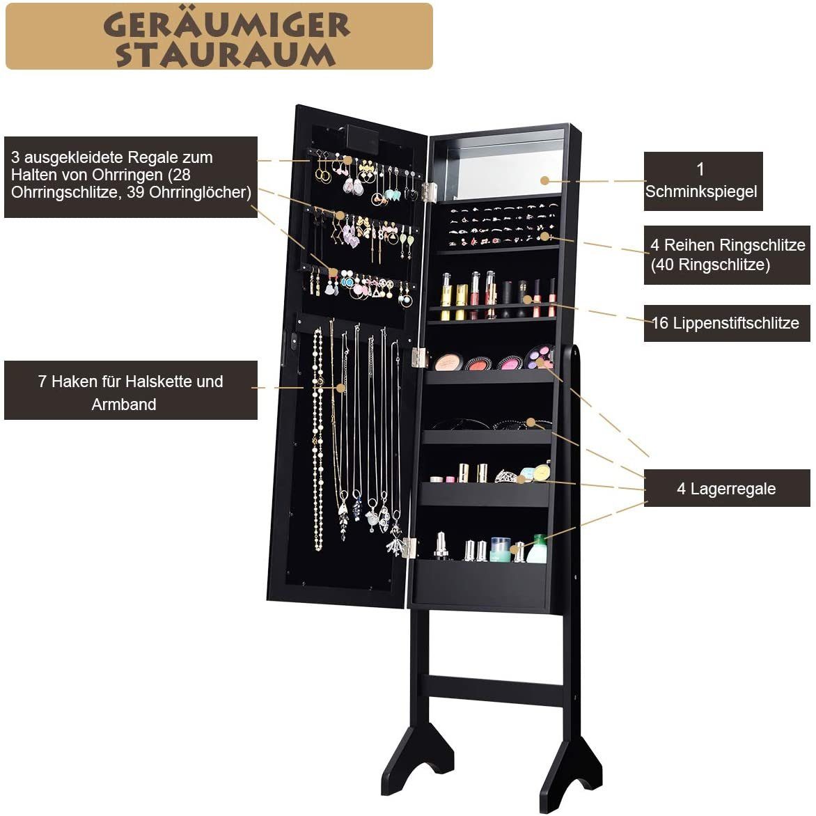 COSTWAY Schmuckschrank stehend, mit LED und Spiegel, neigbar, 35×31,5x145cm