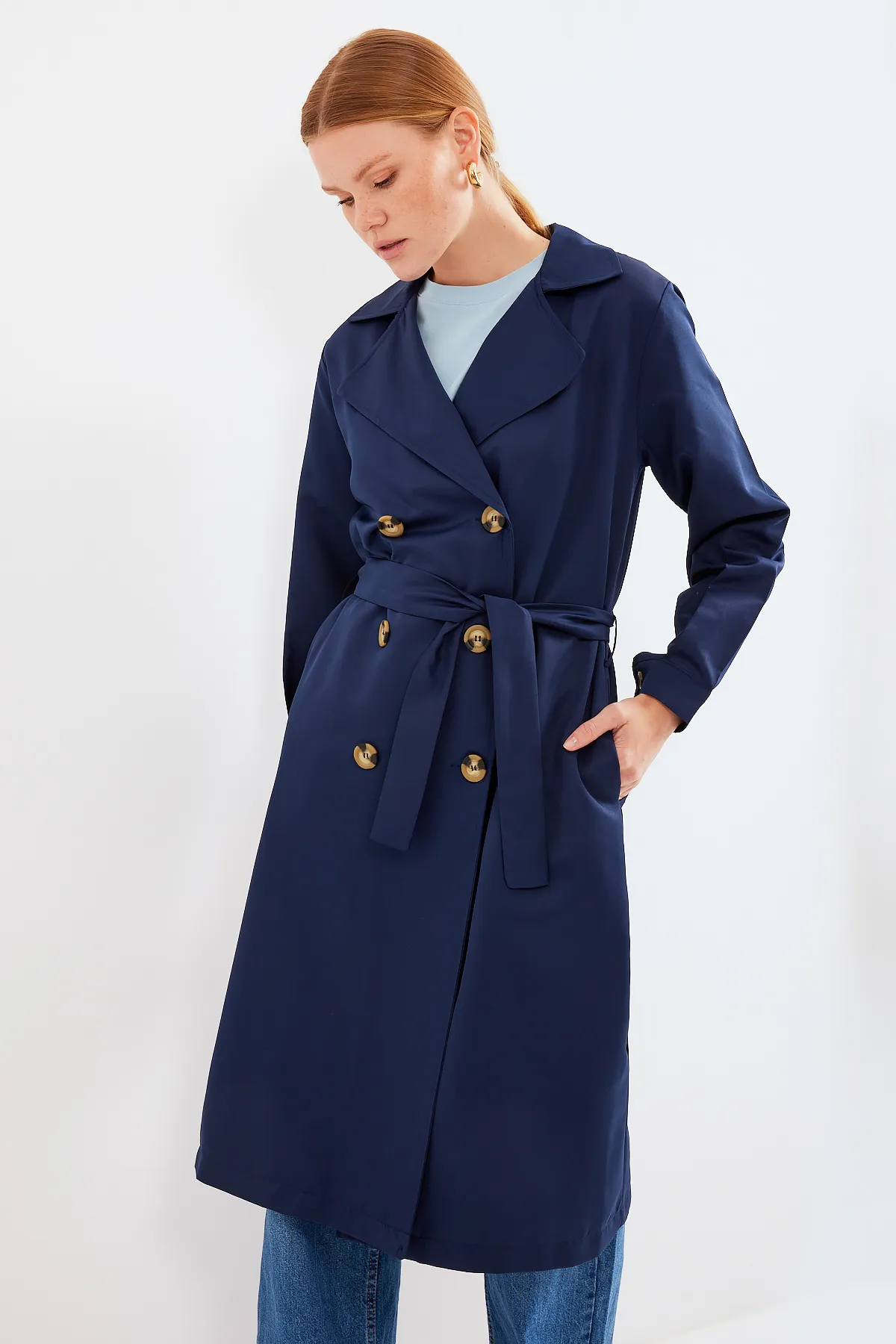 Bigdart  5853 Zweireihiger Trenchcoat mit Kragen – Marineblau