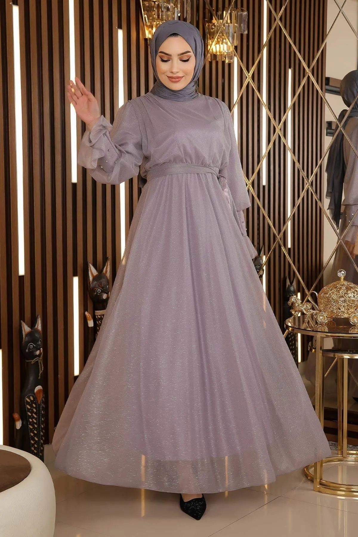 Modamihram  Abendkleid aus Chiffon mit Steindetail und Glitzer, Grau 19113