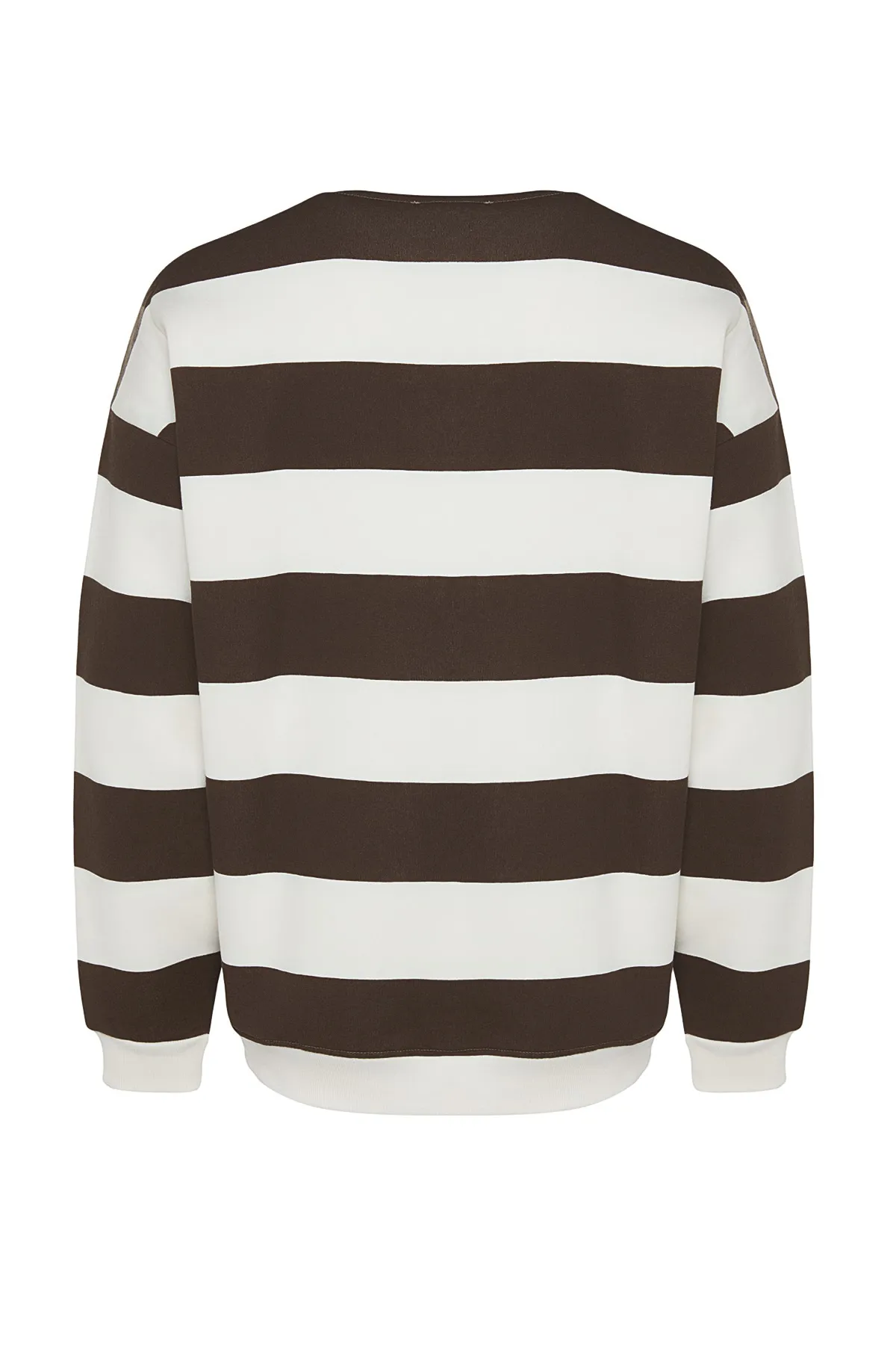 Trendyol Collection  Nerzfarbenes, übergroßes/weit geschnittenes Baumwoll-Sweatshirt mit Rundhalsausschnitt und gestreifter Fleece-Innenseite TMNAW24SW00098